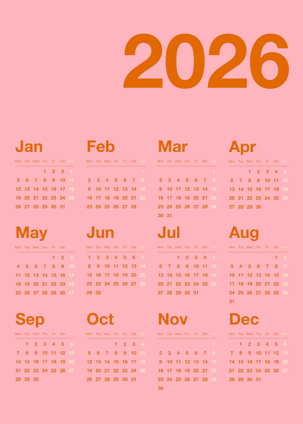 Pink Calendar 2026 Print Pink Calendar 2026 Print