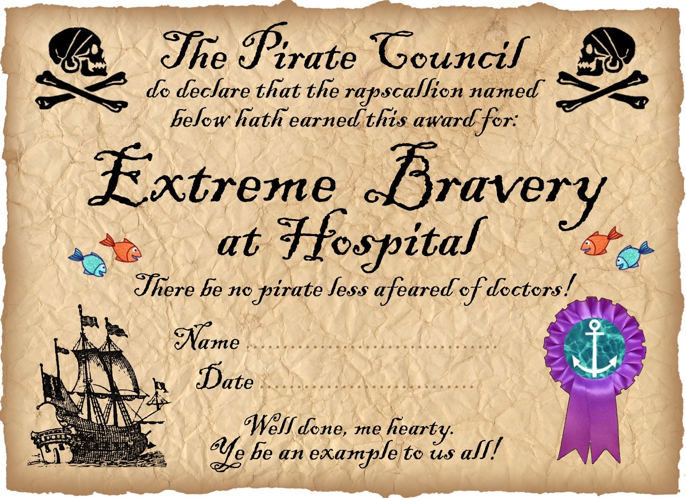 Pirate Certificate Award For Bravery In Hospital Rooftop Post