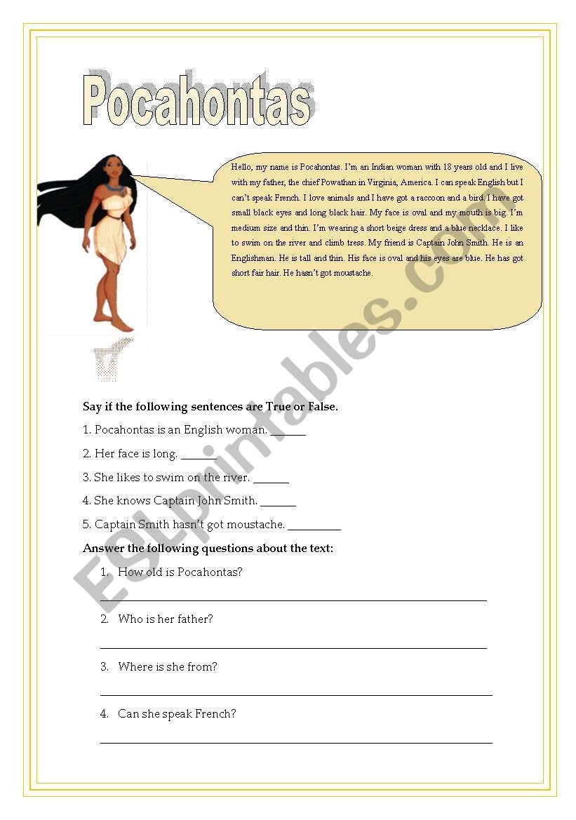 Pocahontas ESL Worksheet By Morganalin