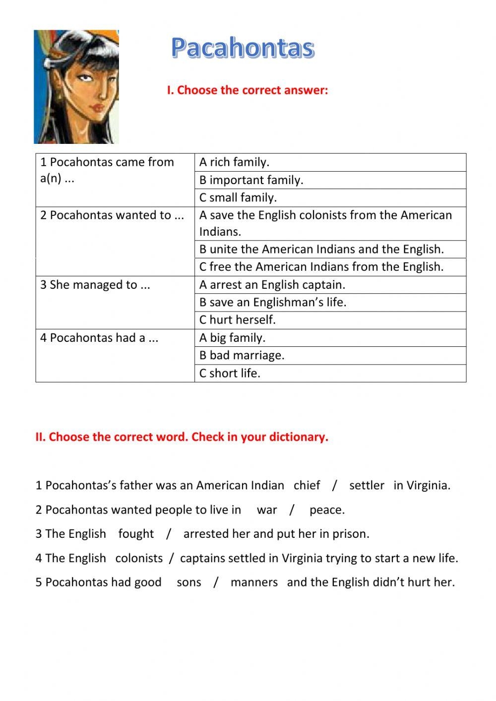 Printable Pocahontas Worksheet