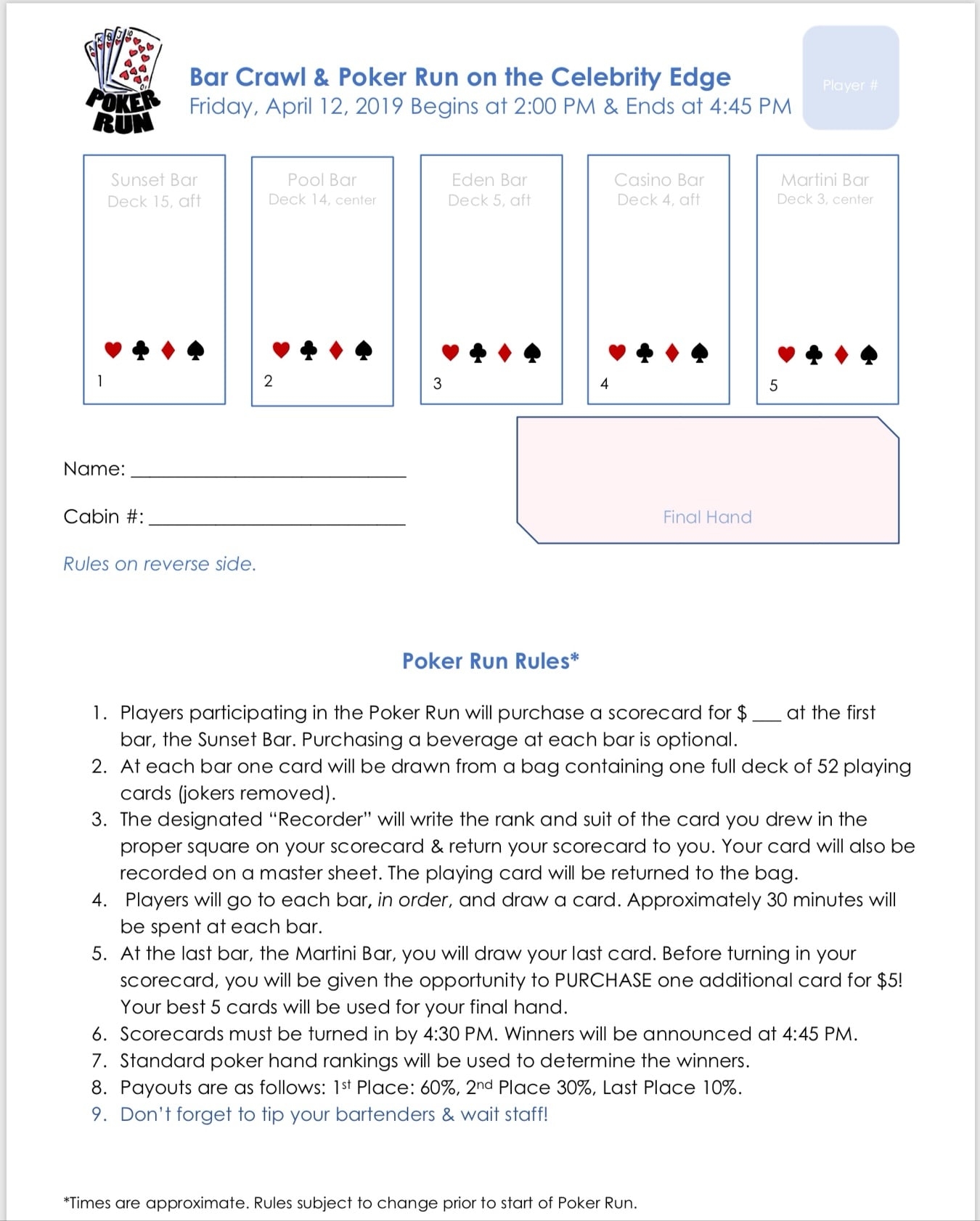 Printable Poker Run Sheets