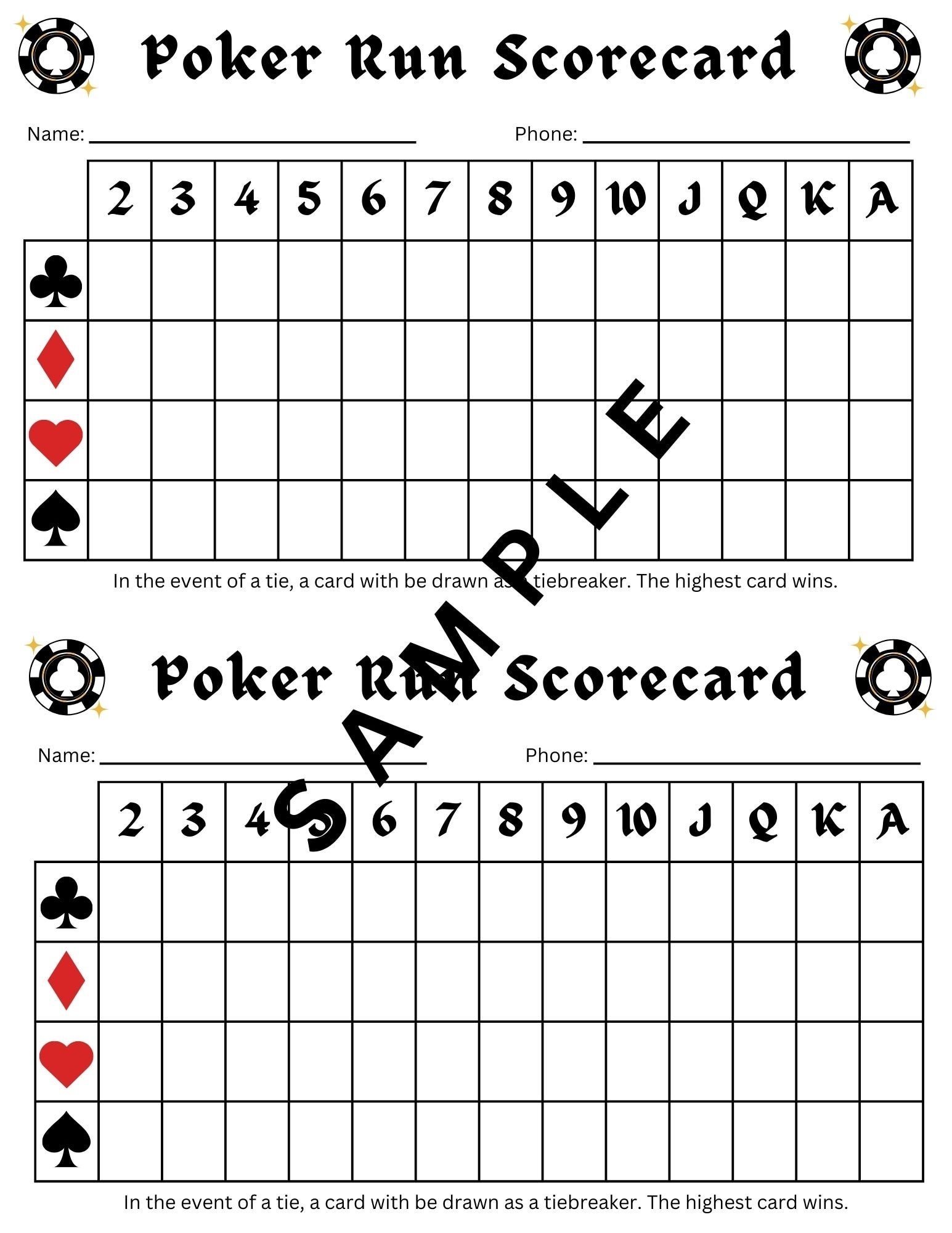 Poker Run Printable Scorecard Poker Run Score Card Poker Run Score Sheet Instant Download Printable Poker Run Cards Etsy