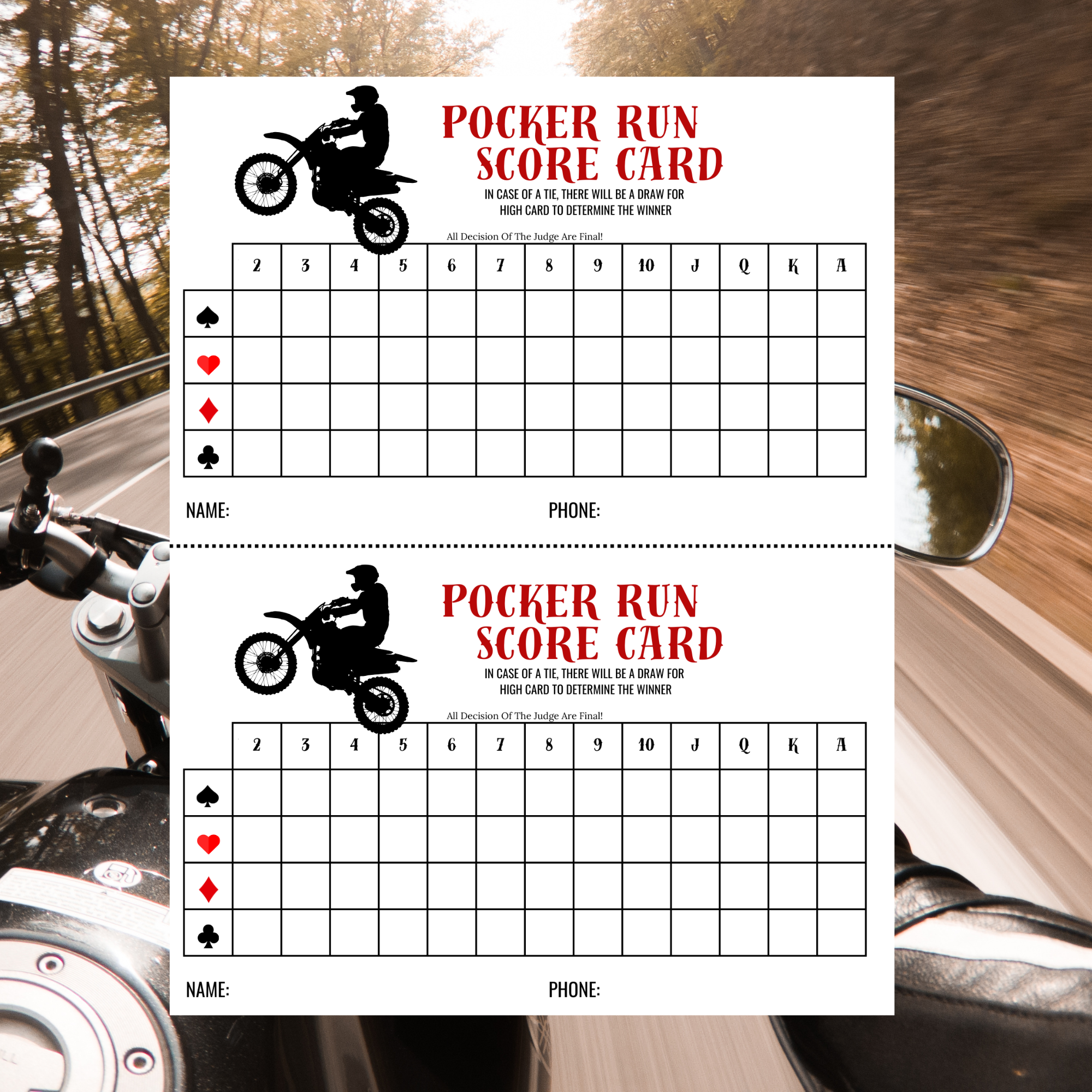 Poker Run Score Card Motorcycle