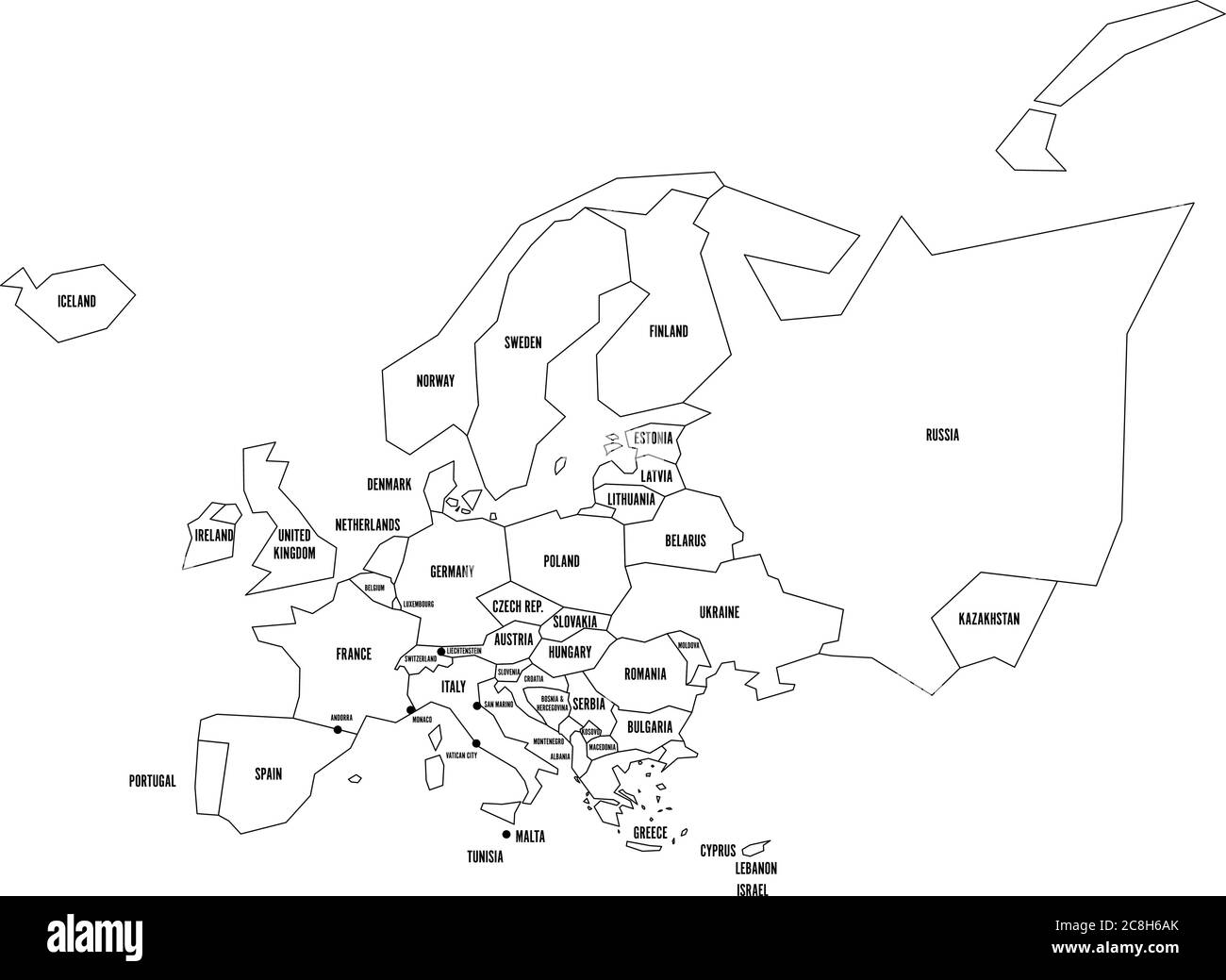 Political Map Of Europe Simplified Thin Black Wireframe Outline With National Borders And Country Name Labels Vector Illustration Stock Vector Image Art Alamy