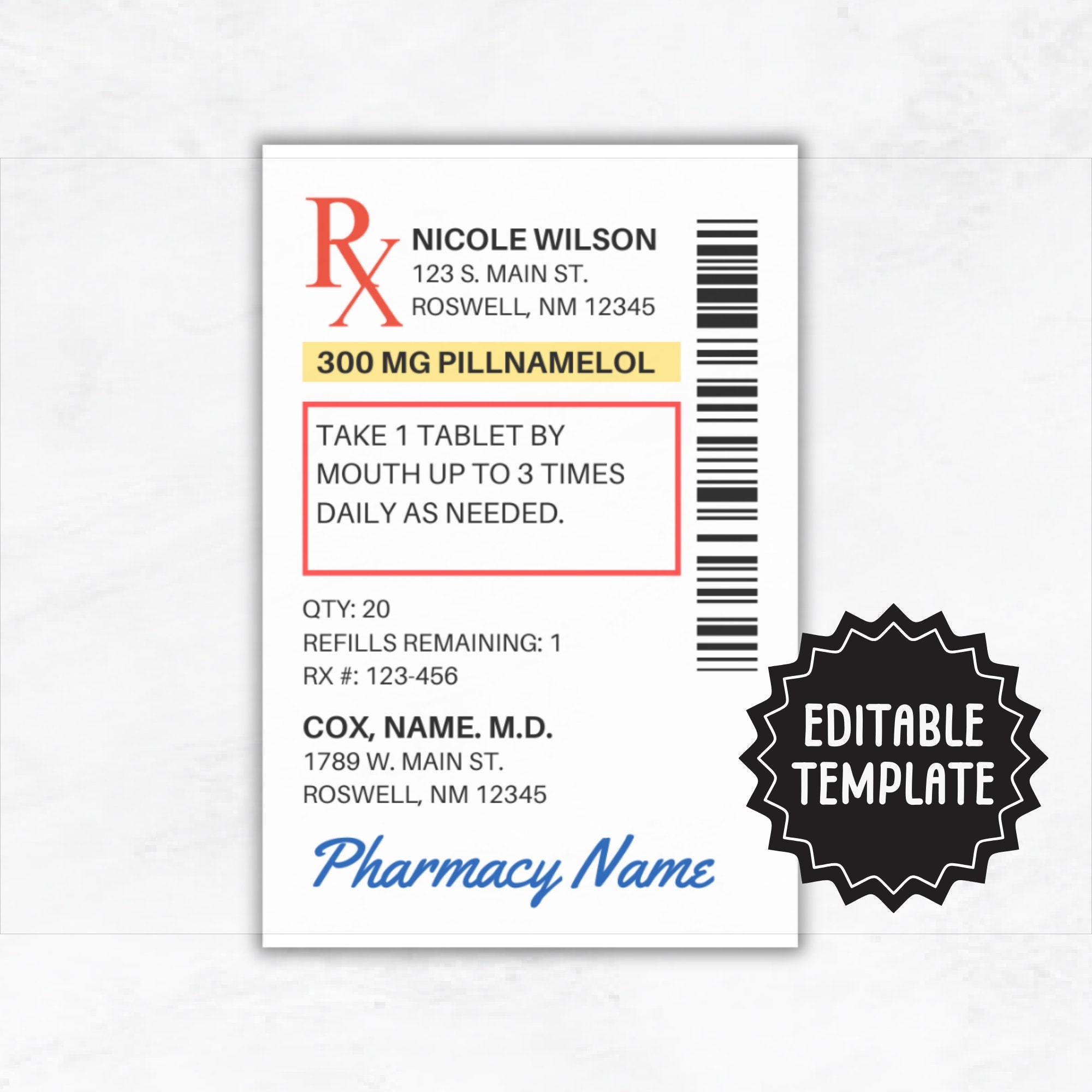Prescription Label Template Editable RX Bottle Label Template Party Favor Fun Pill Bottle Label Custom Prescription Bottle Label Etsy