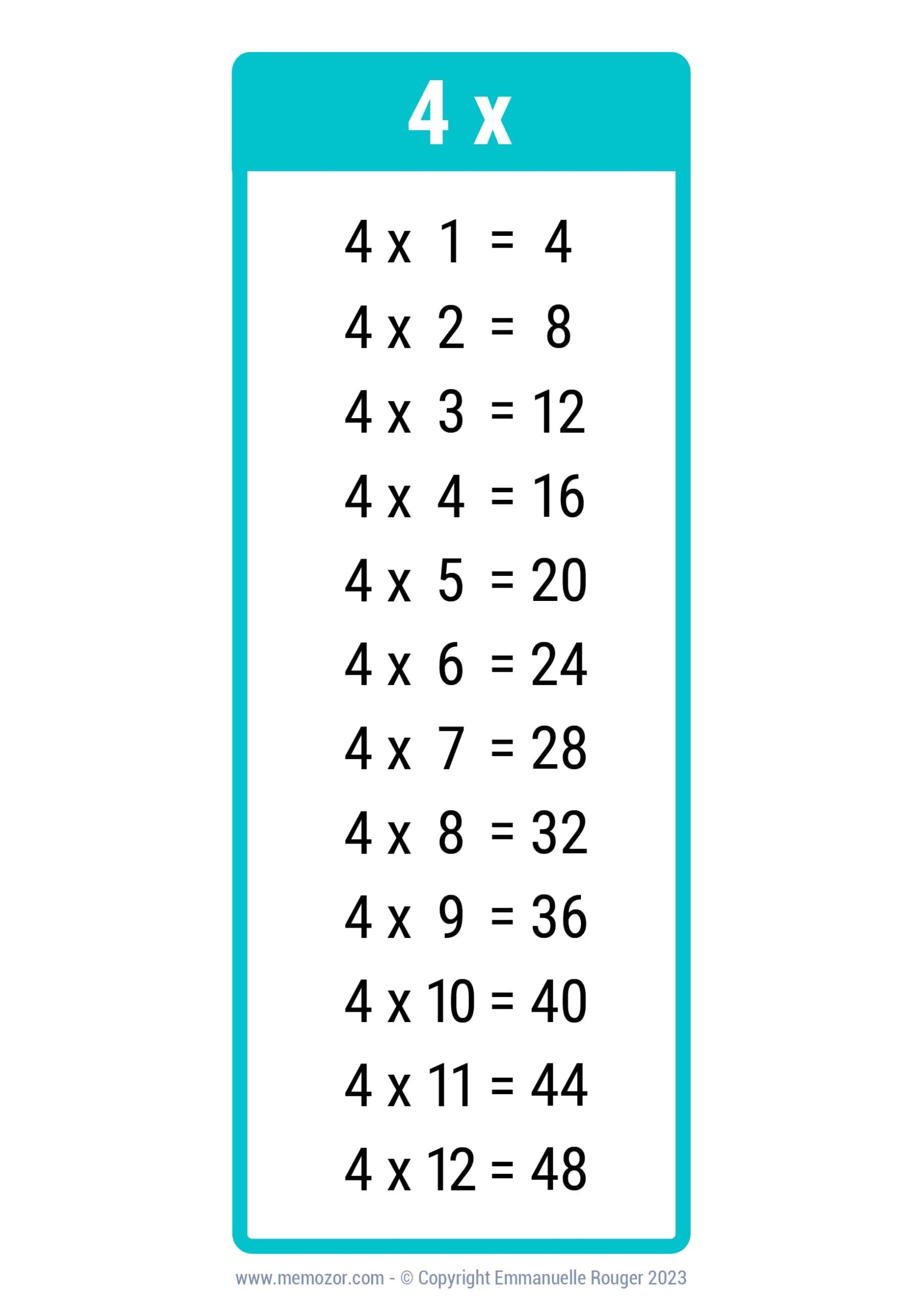 Pretty 4 Times Table Chart Print For Free many Colors Memozor