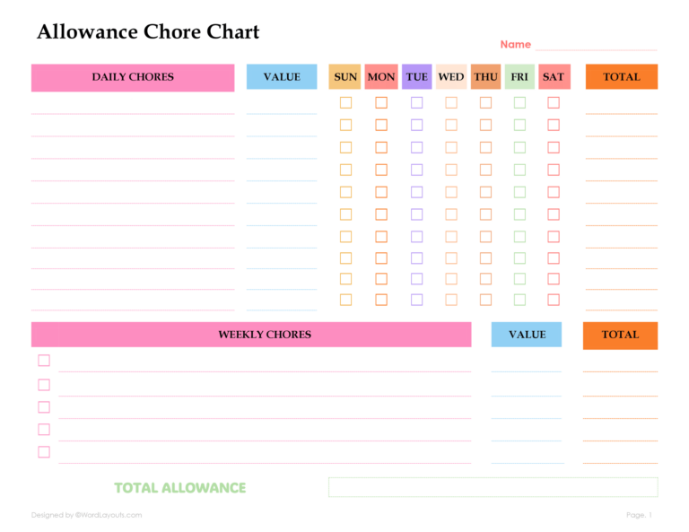 Printable Allowance Chore Chart Template WordLayouts