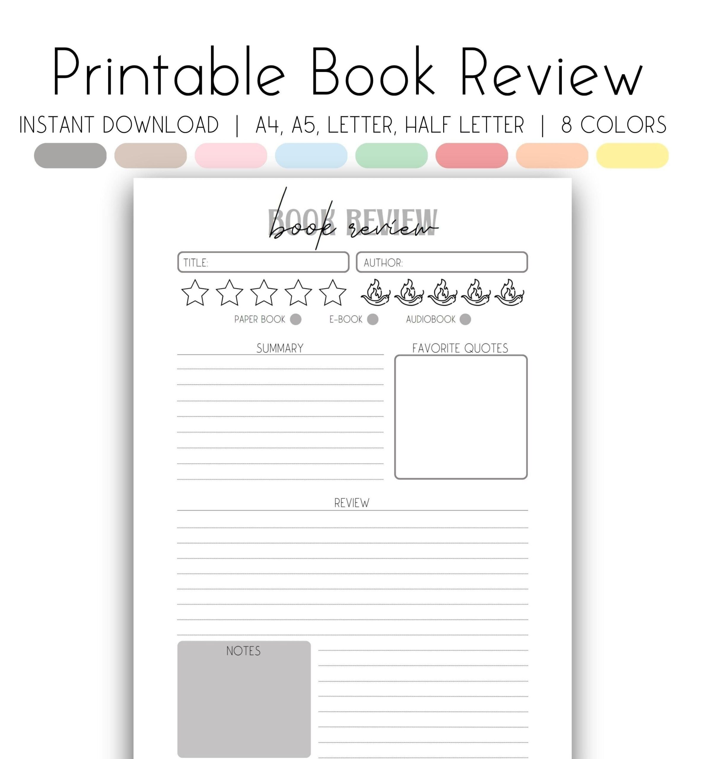 Printable Book Review Template Reading Log Book Journal A4 A5 