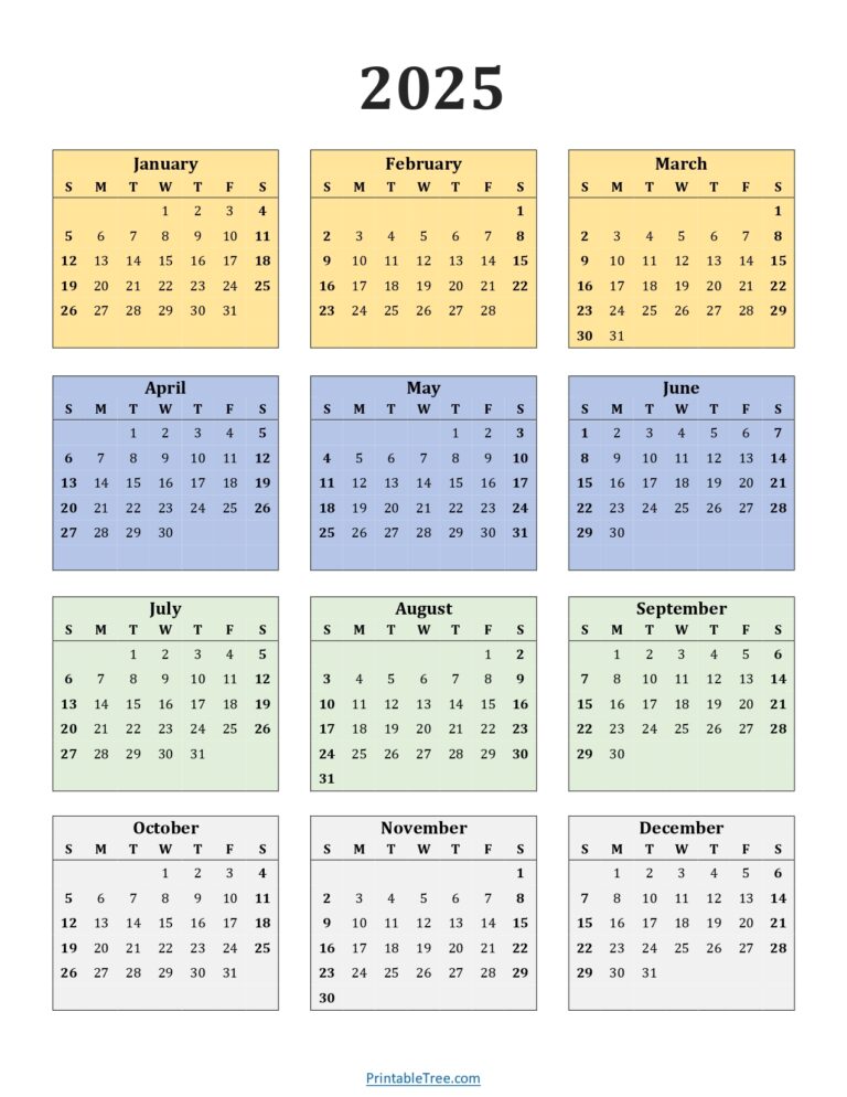 Printable Calendar 2025 One Page With Holidays Single Page 2025 Yearly Blank PDF Templates