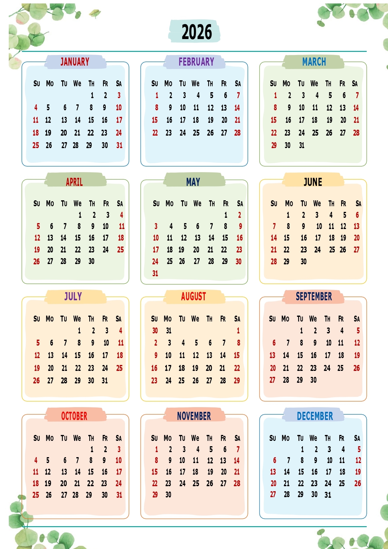 Printable Calendar 2026 One Page With Holidays Single Page 2026 Yearly Blank PDF Templates Printable Calendar 2026 One Page With Holidays Single Page 2026 Yearly Blank PDF Templates