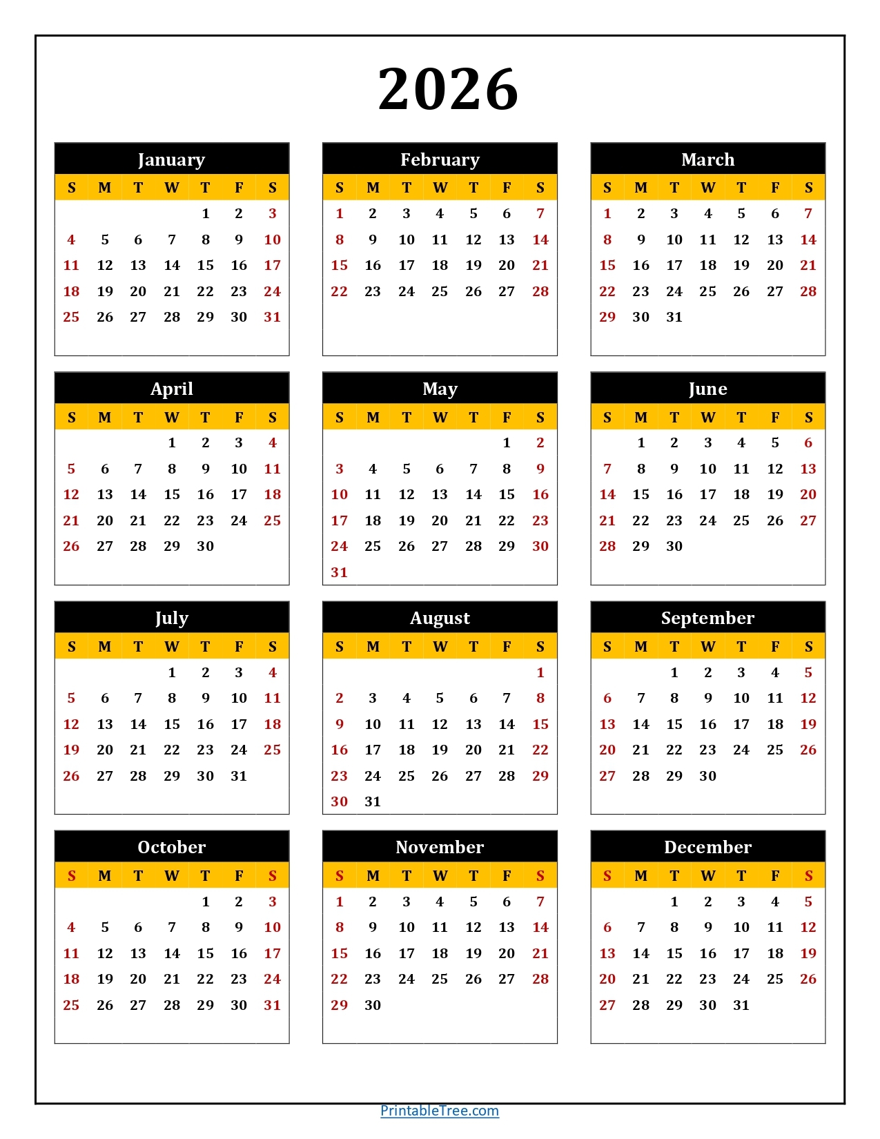 Printable Calendar 2026 One Page With Holidays Single Page 2026 Yearly Blank PDF Templates