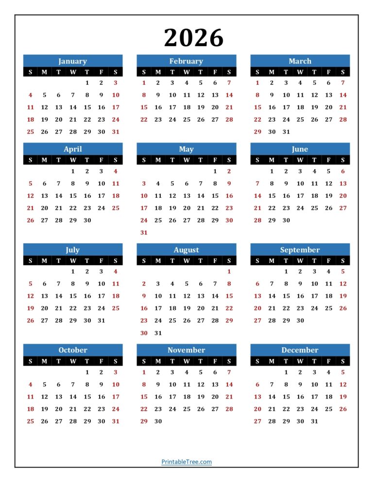 Printable Calendar 2026 One Page With Holidays Single Page 2026 Yearly Blank PDF Templates