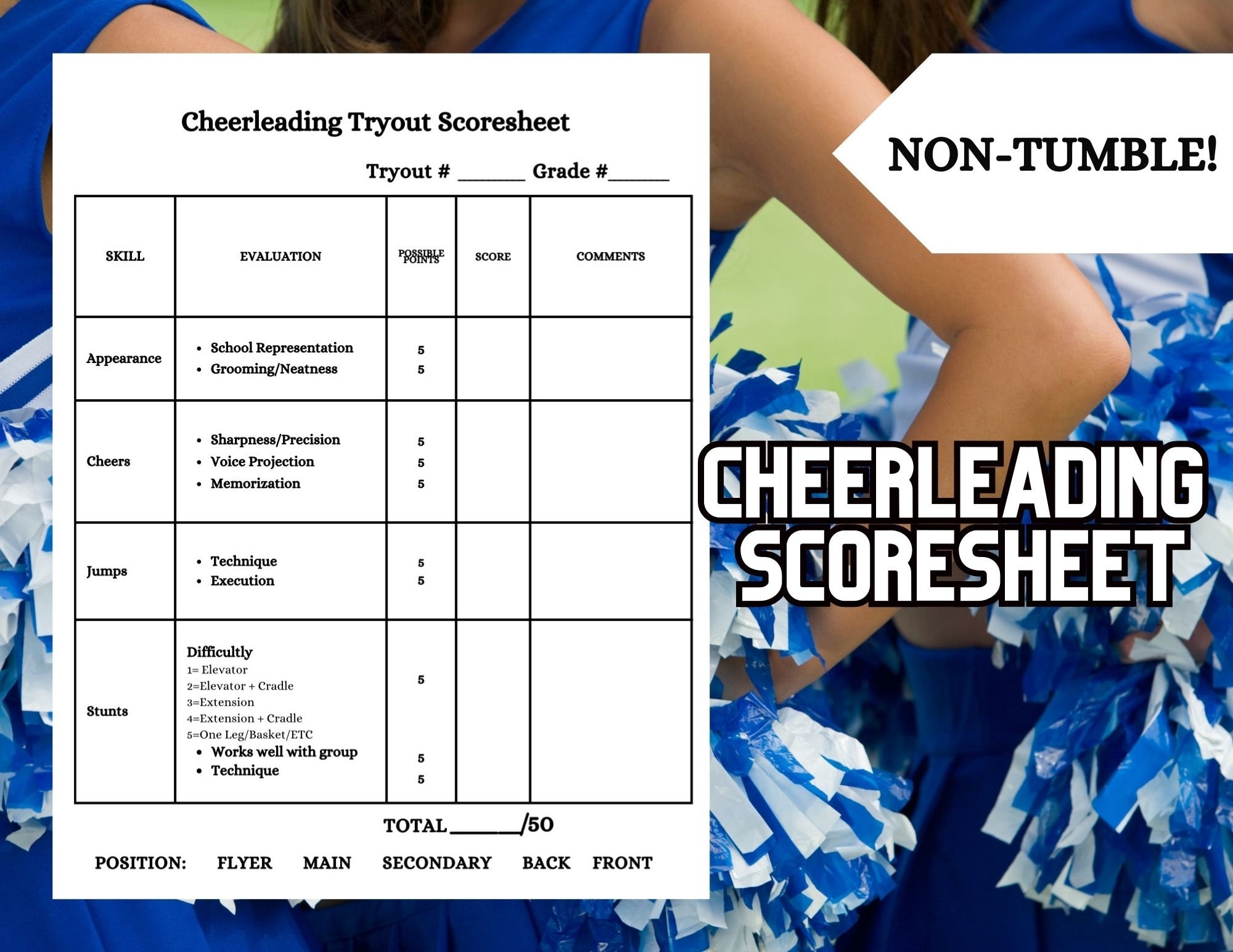 Printable Cheerleading NON TUMBLE Tryout Scoresheet Instant Download For Cheer Coach Team Captain Judges School Sports Cheer Squad Etsy