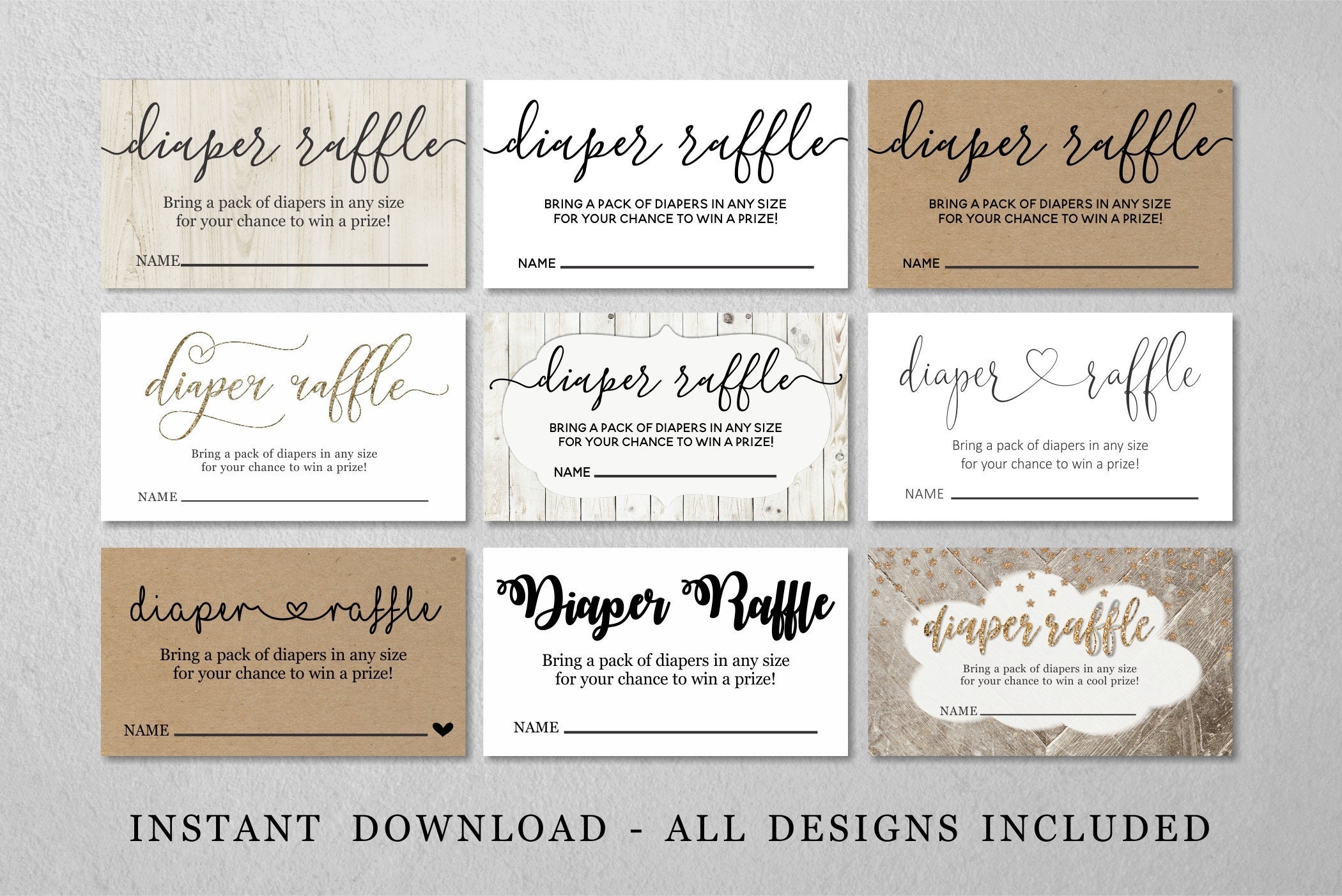 Printable Diaper Raffle Card Template Baby Shower Invitation Insert Digital File Instant Download Rustic Calligraphy Heart Kraft Paper
