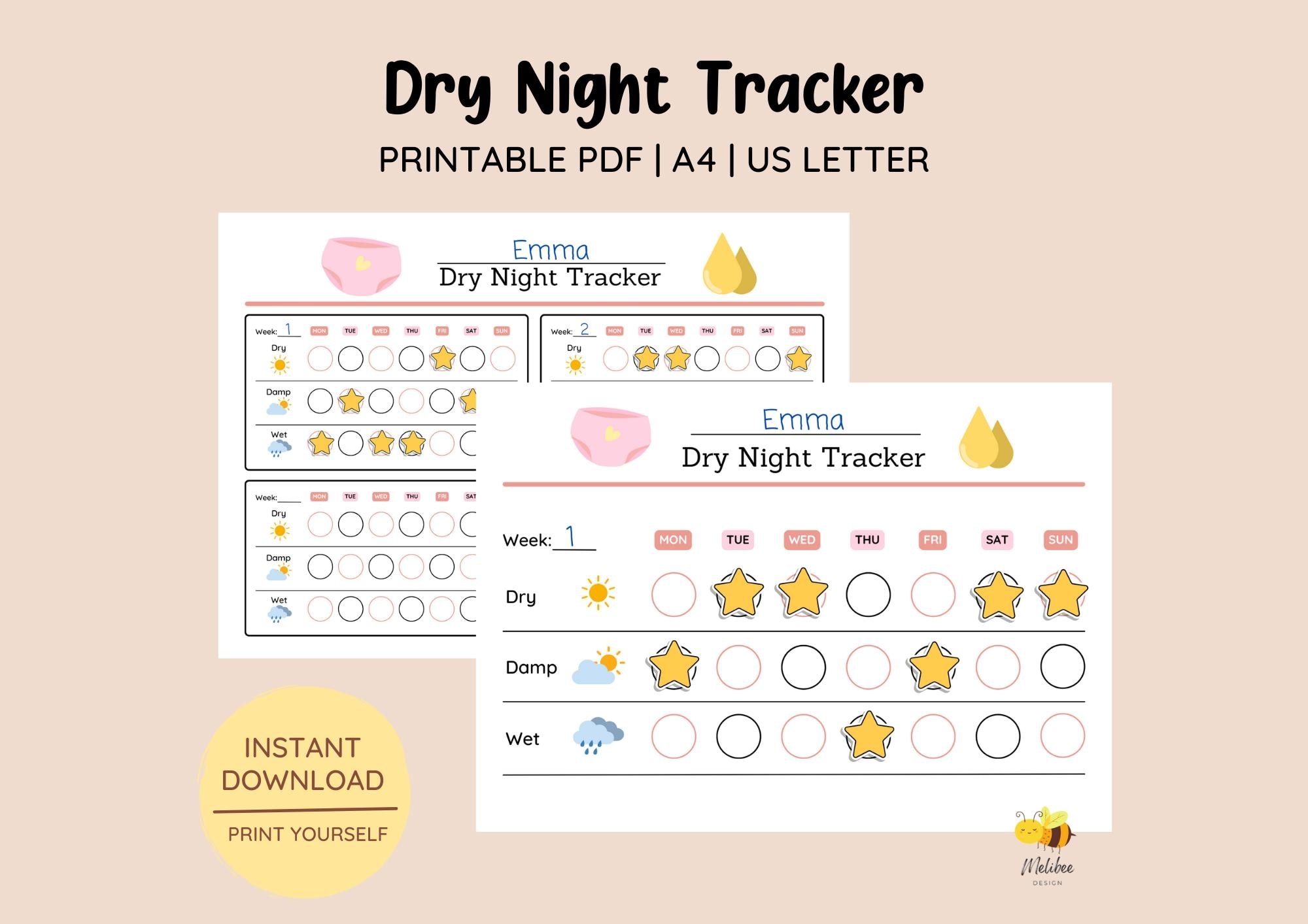 Printable Dry Night Bedwetting Chart Dry Night Tracker Toilet Training Stayed Dry All Night Girls Potty Chart Night Time Training Etsy
