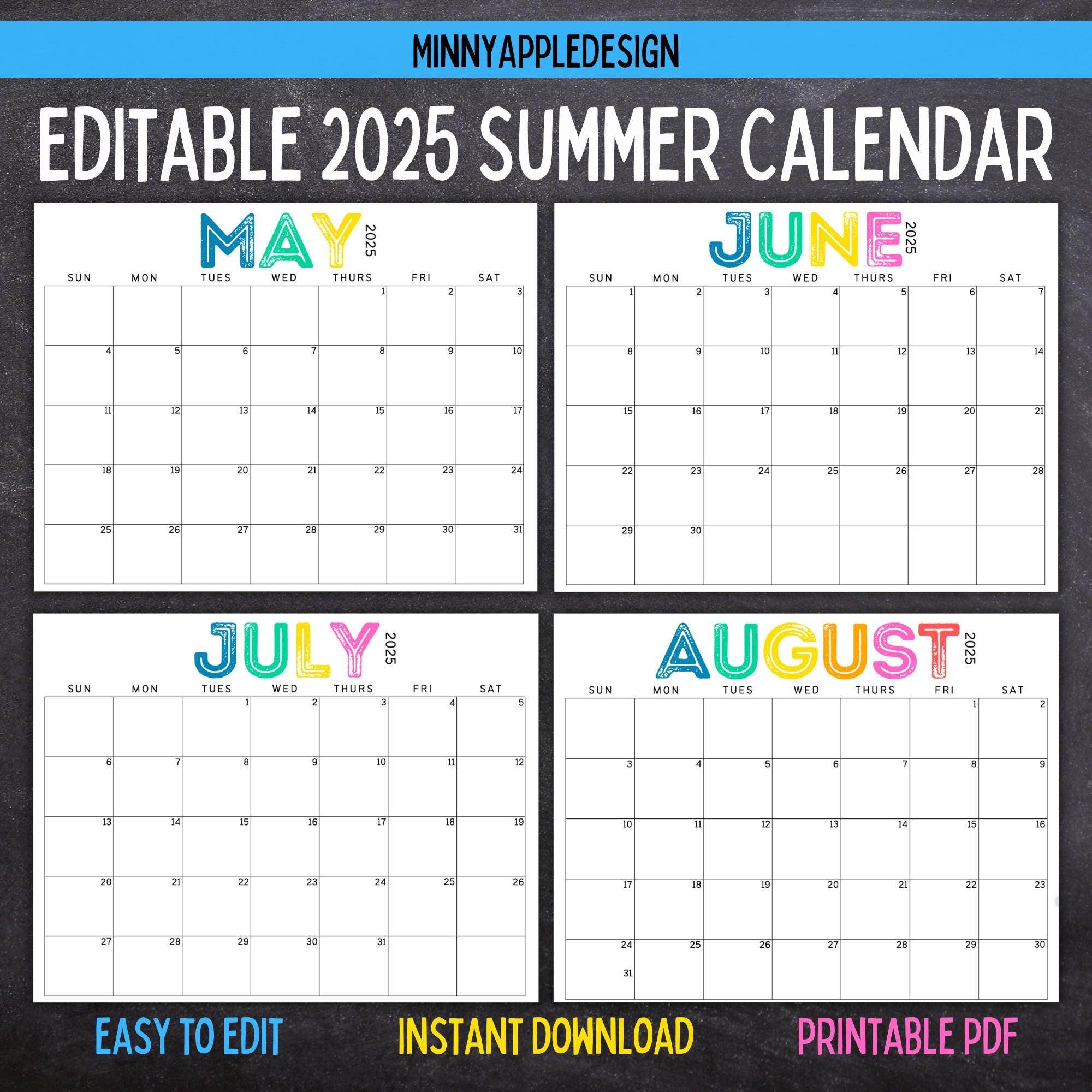 Printable Editable SUMMER Calendar June July August Calendar May 2025 June 2025 July 2025 August 2025 Summer Planner Etsy