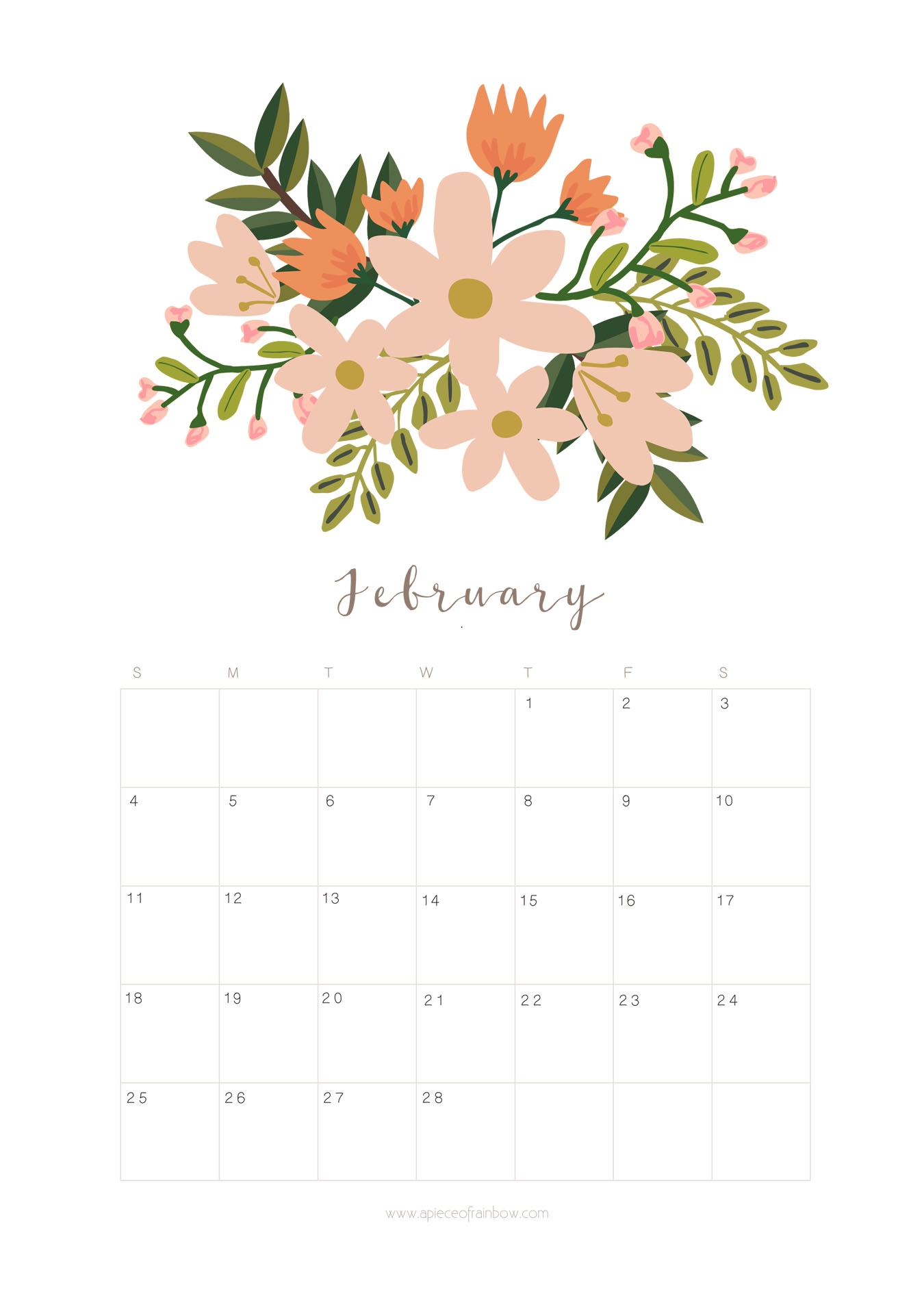 Printable February 2018 Calendar Monthly Planner Floral Design A Piece Of Rainbow