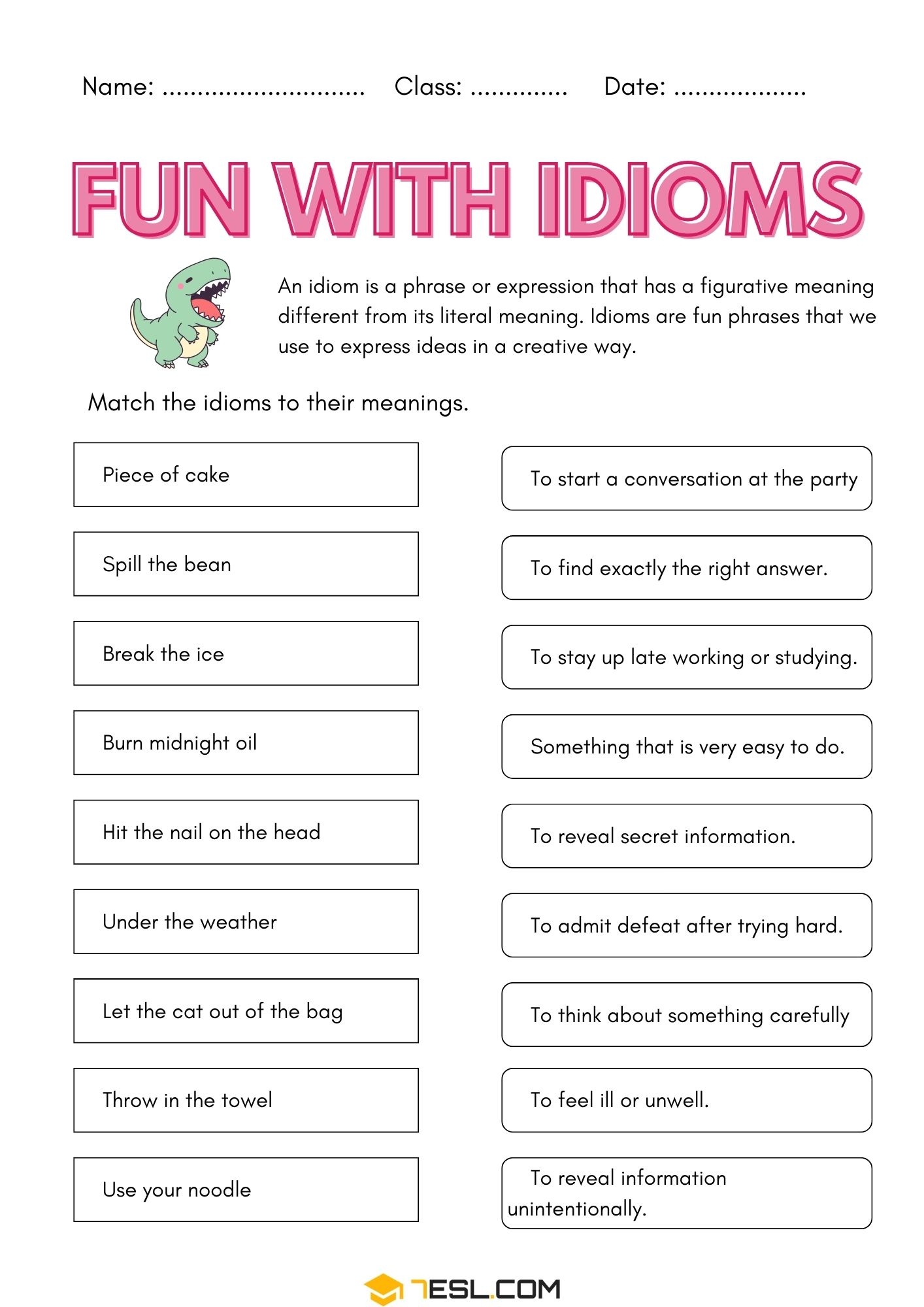 Printable Idioms Worksheets In English 7ESL