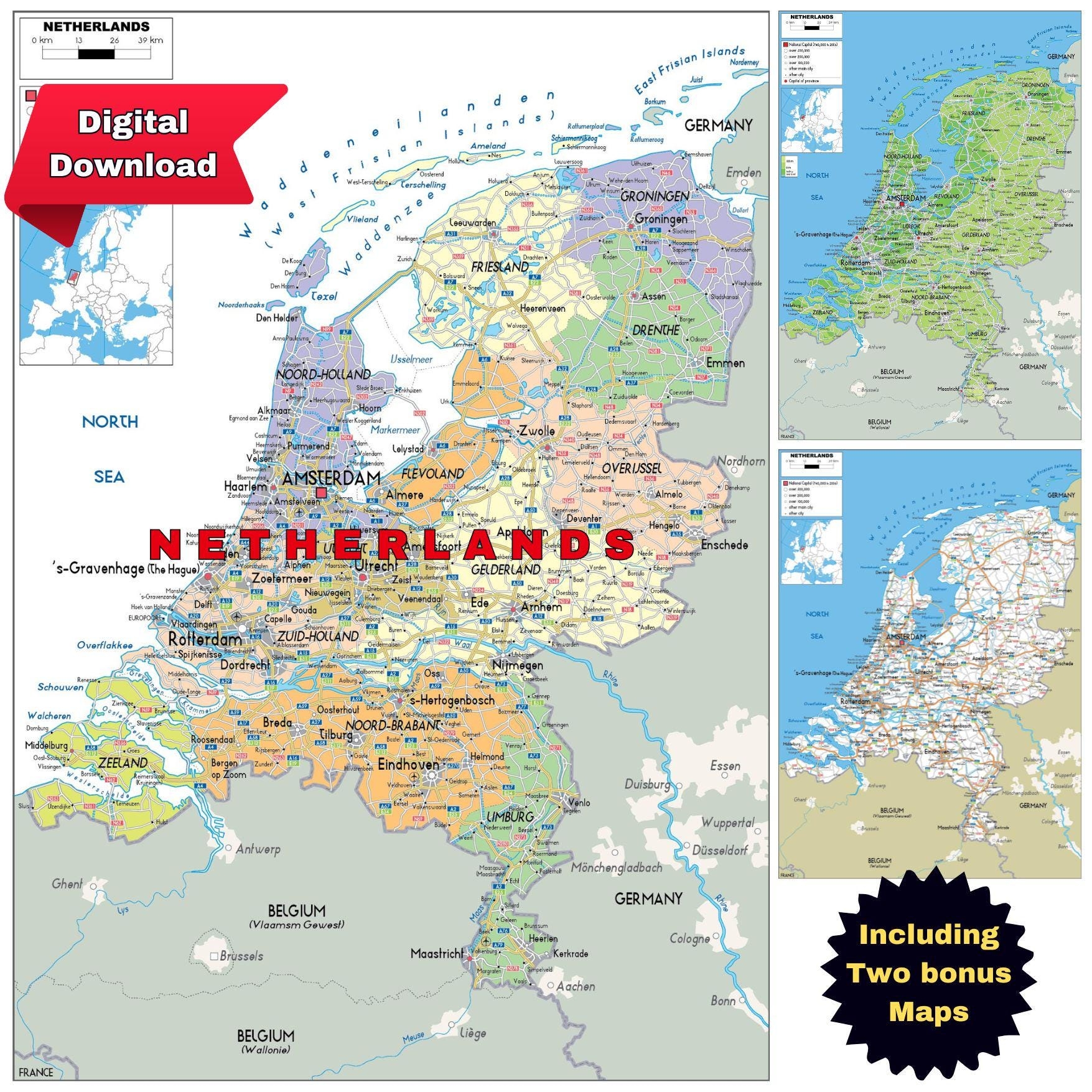 Printable Netherlands Political Map Topography Roads Etsy