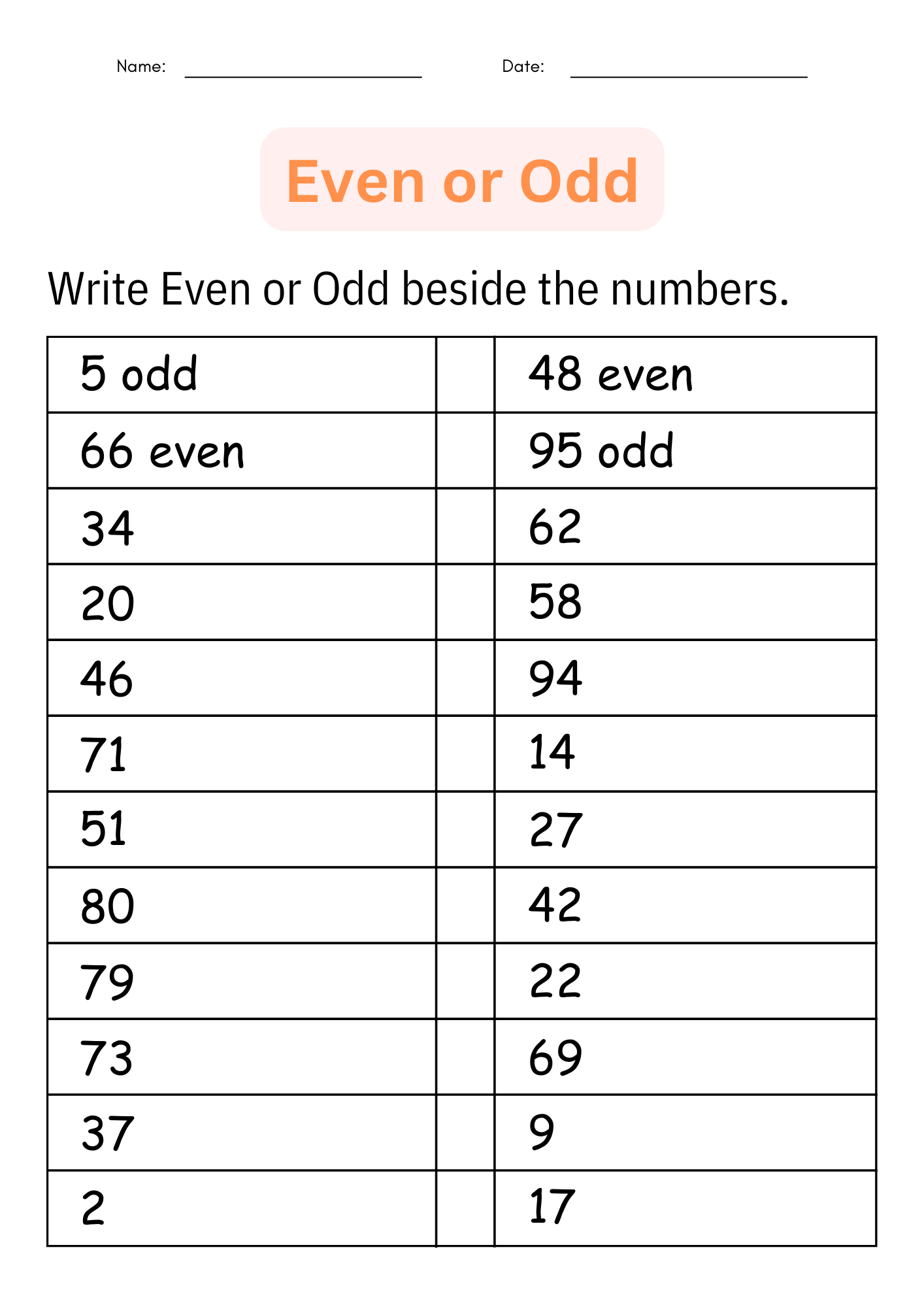 Odd And Even Printable Worksheets