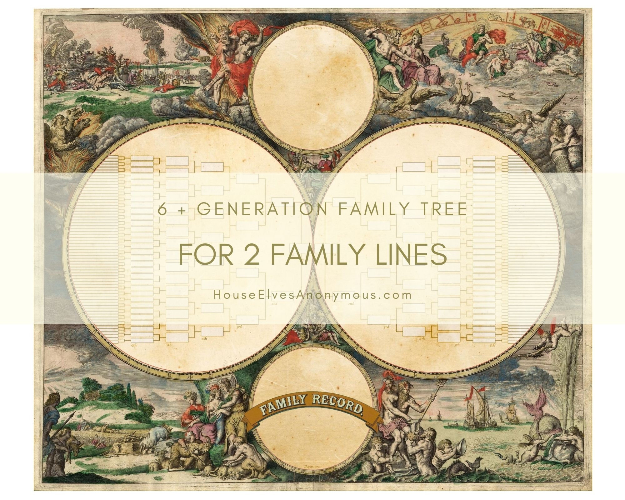Printable Pedigree Chart Antique Family Tree 26 x30 Exquisite 6 7 Generation Ancestry Chart INSTANT DOWNLOAD Genealogy JPEG Add Names House Elves Anonymous