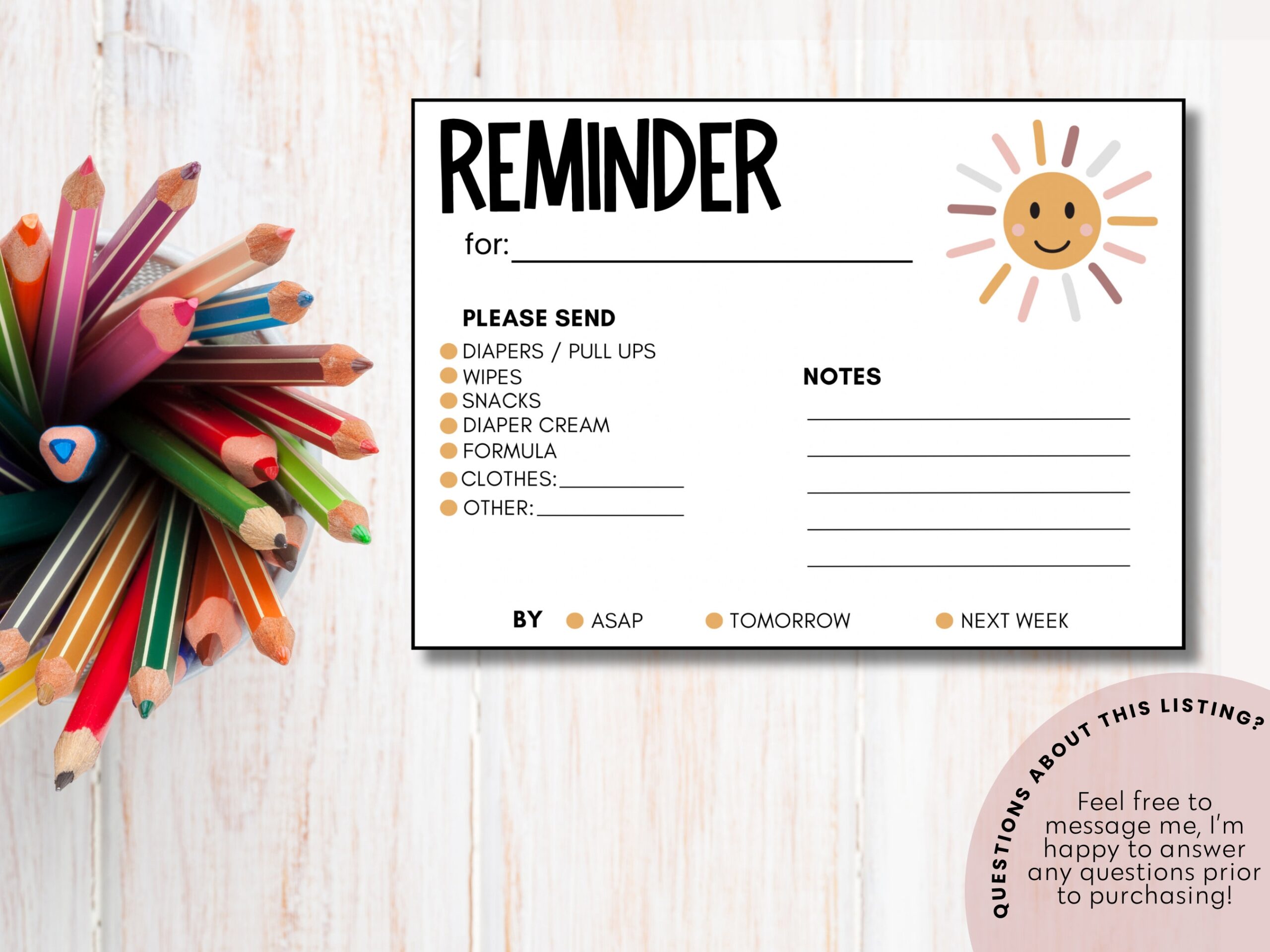 Printable Reminder Note Fillable Childcare Card daycare Mail Cute Note From Teacher Daycare Supplies Reminder Etsy