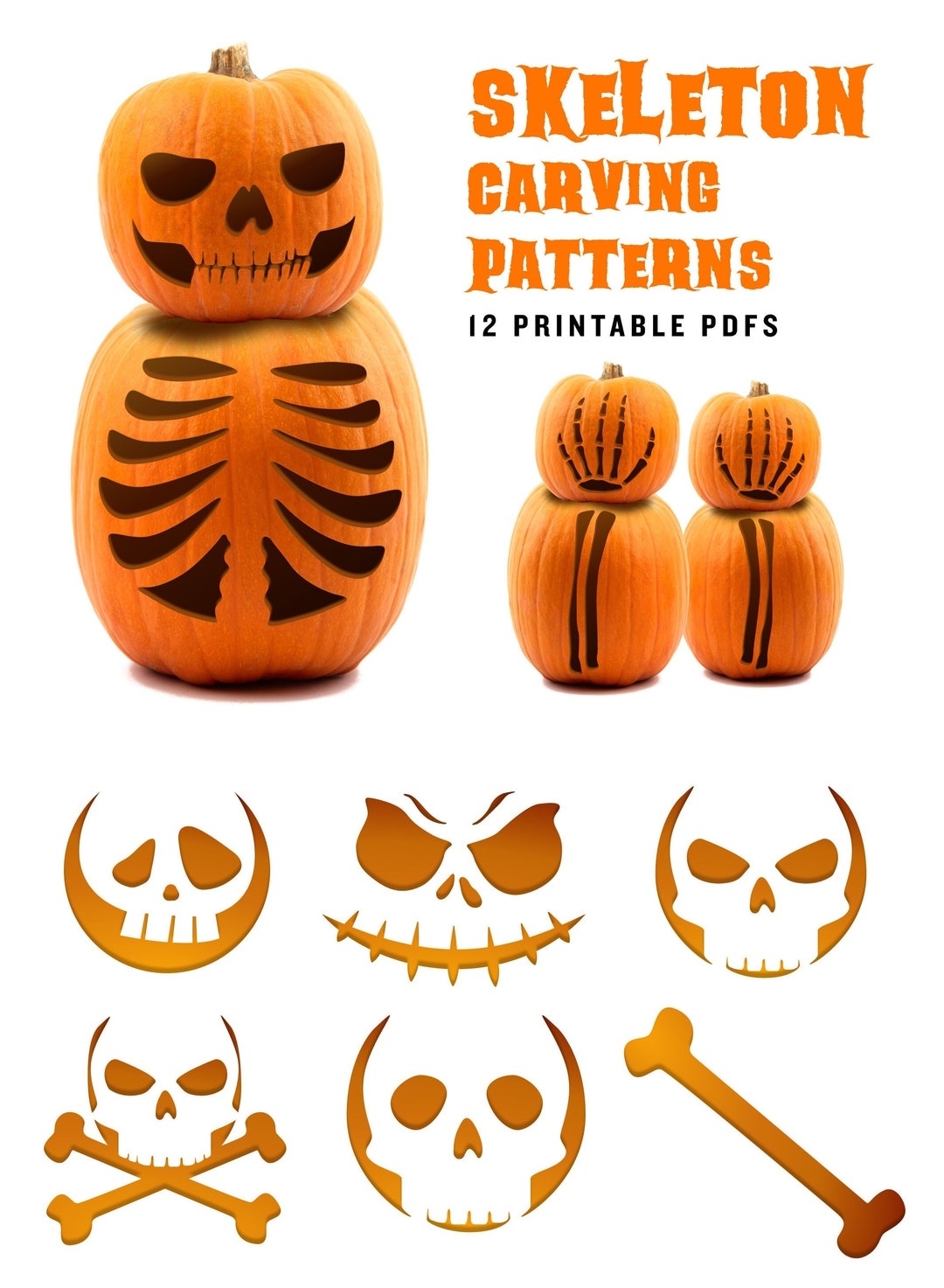 Printable Skeleton Pumpkin Carving Patterns 12 Easy And Unique Skeleton Carving Stencils That Will Rattle Your Bones Etsy