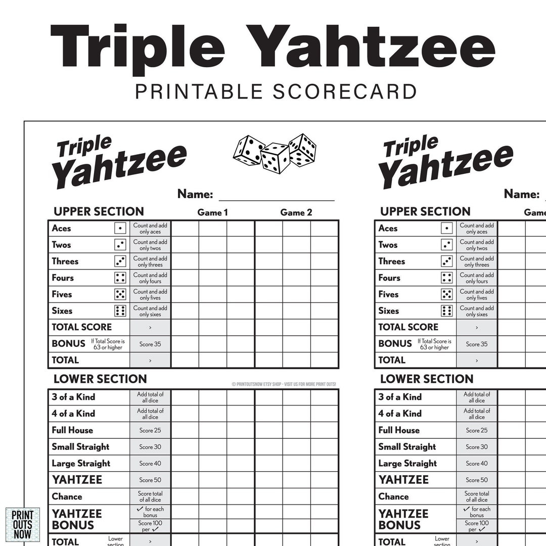 Printable Triple Yahtzee Scorecards Scorepad Print As Many As You Need 8 5x11 And A4 Included Etsy Hong Kong