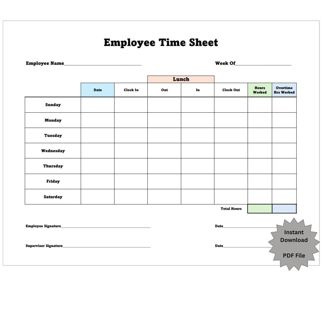 Printable Weekly Employee Time Sheet For Small Business PDF File Etsy