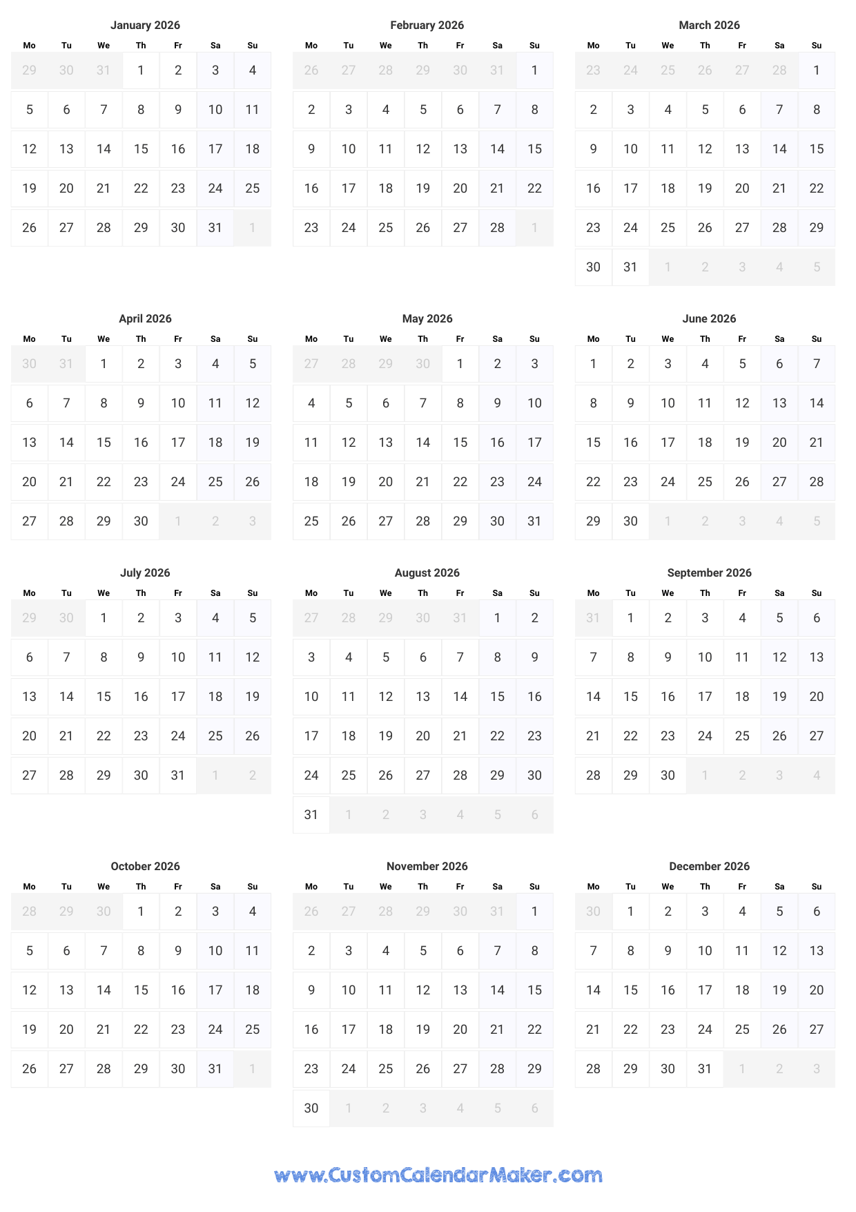2026 Year Printable Calendar 2026 Year Printable Calendar