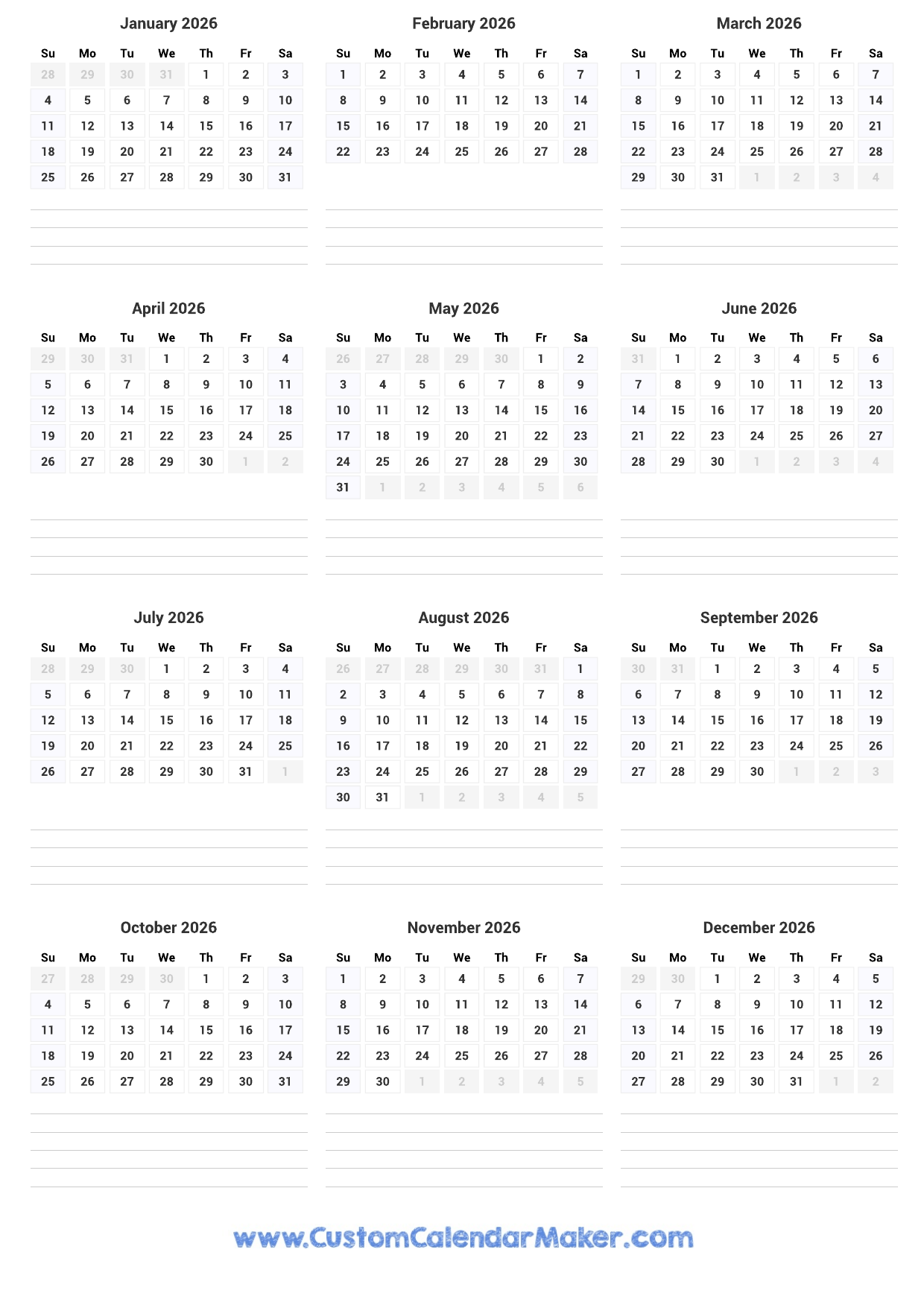 Printable Yearly Calendar 2026 Full Year At A Glance Custom Calendar Maker Printable Yearly Calendar 2026 Full Year At A Glance Custom Calendar Maker