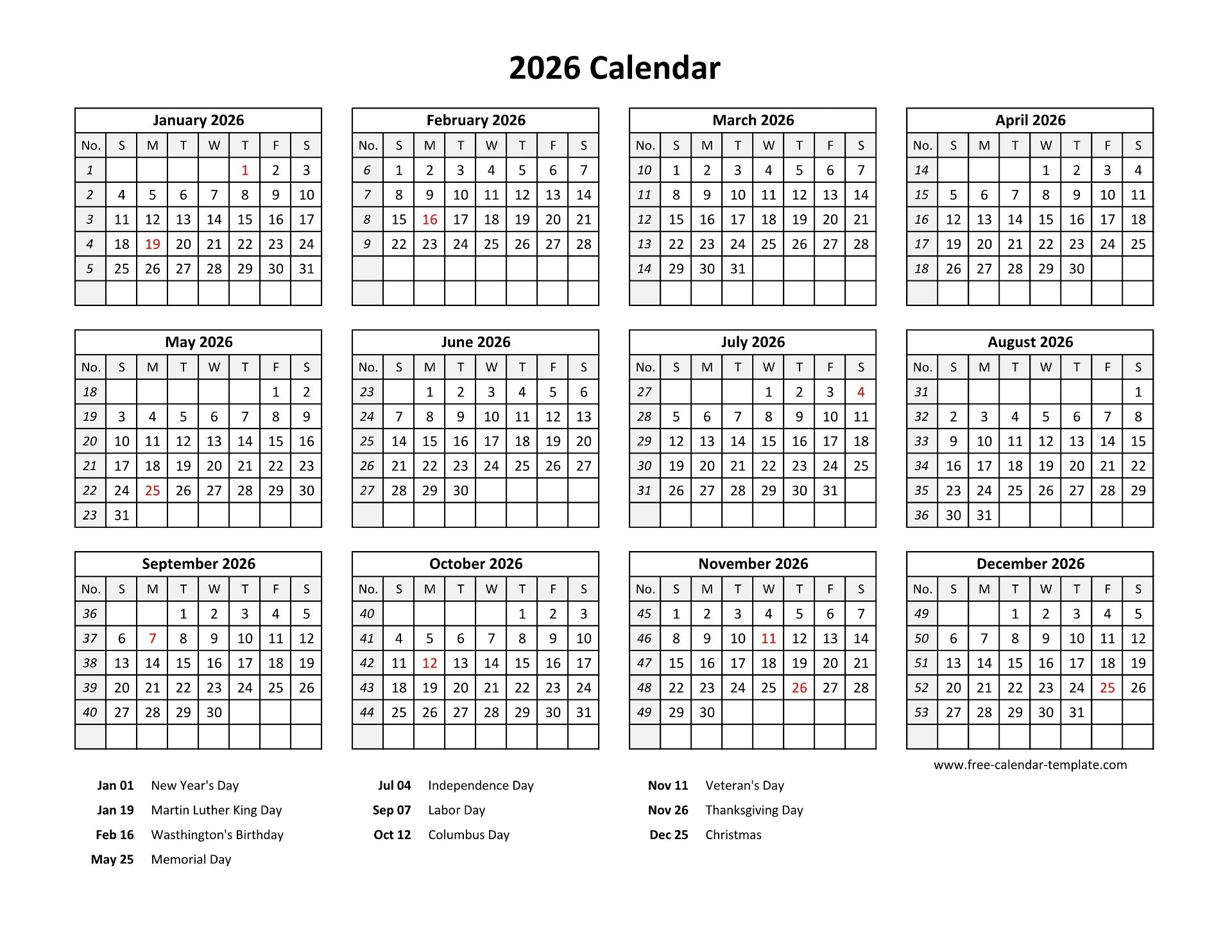 2026 Calendar With Holidays Printable Word