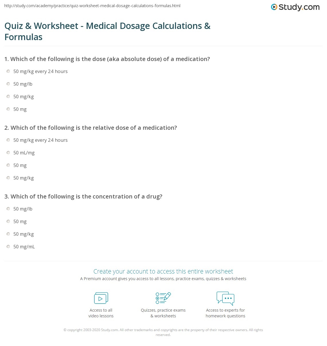 Quiz Worksheet Medical Dosage Calculations Formulas Study Worksheets Library