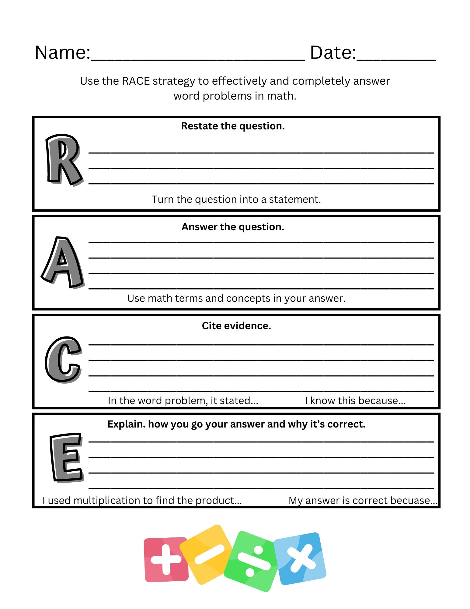 RACE Math Strategy Worksheet Word Problem Responses PDF Etsy