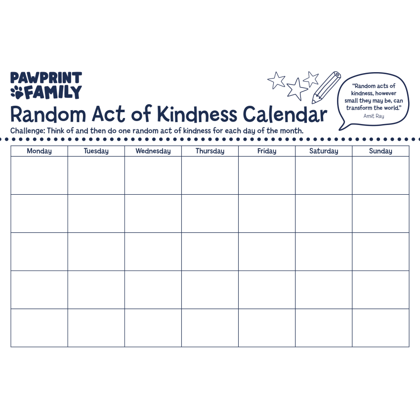 Random Acts Of Kindness Calendar Pawprint Family