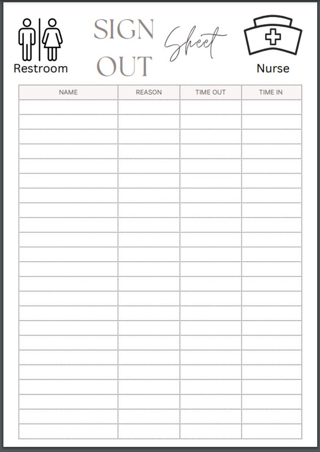 Restroom Log Classroom Sign Out Sheet Nurse Sign Out Sheet Restroom Sign Out Sheet Sign Out Log Teacher Log Etsy