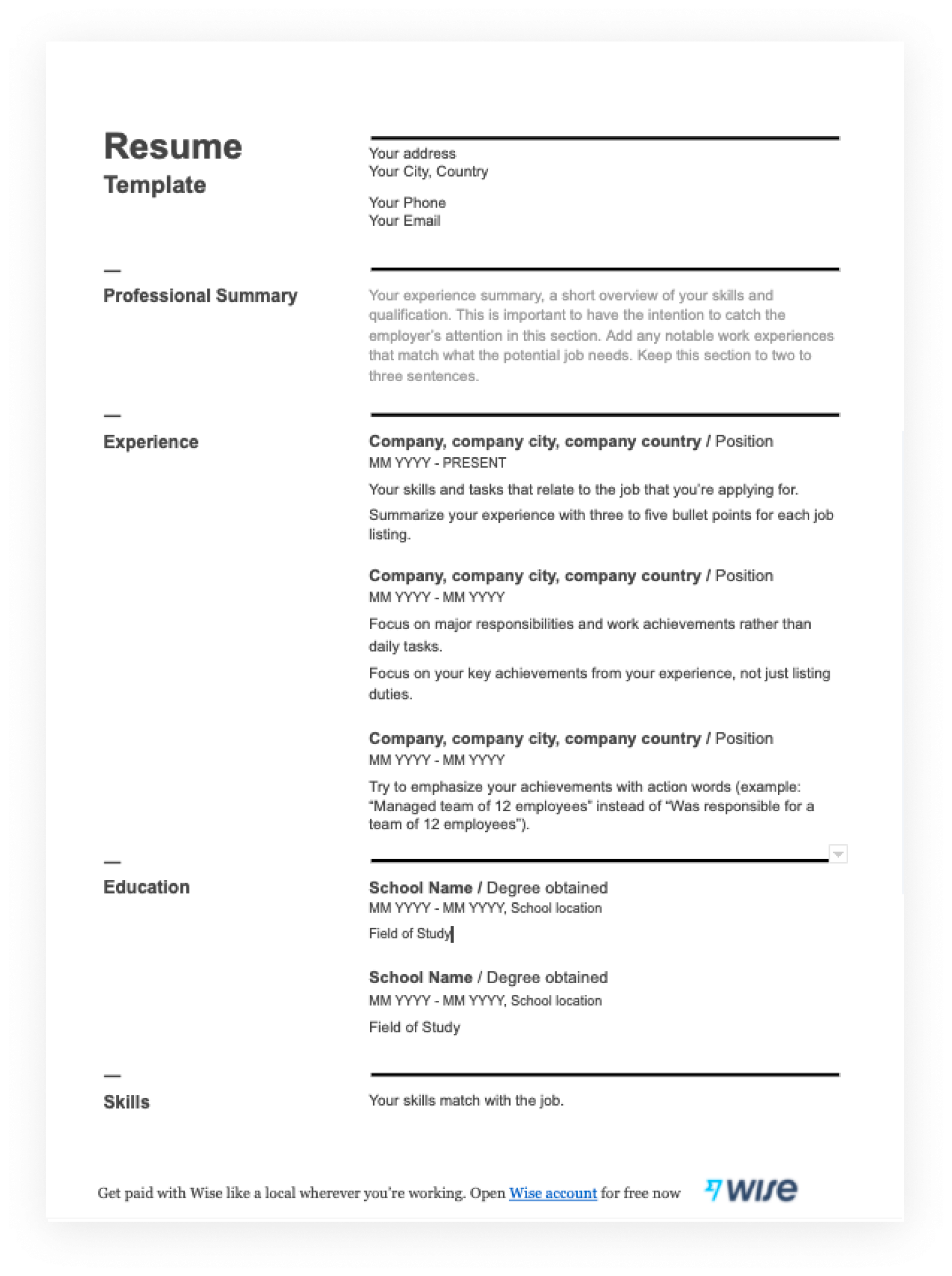 Free Printable Resume Worksheet