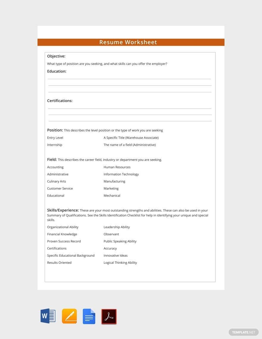 Resume Worksheet Template In Word Pages PDF Google Docs Download Template
