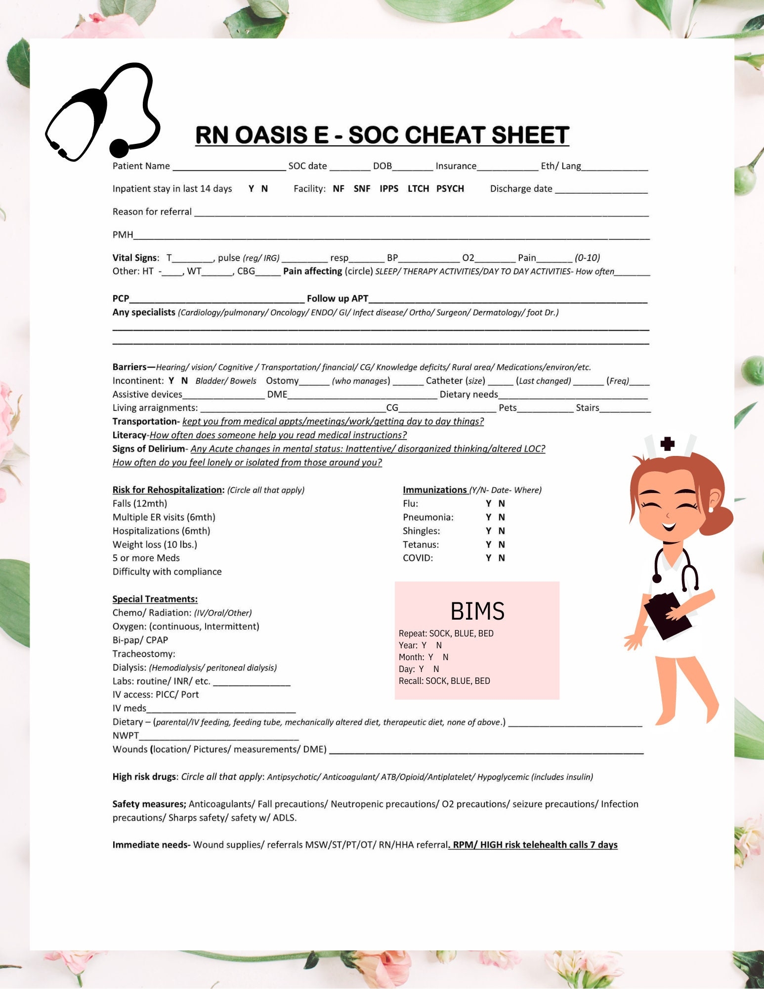 RN Oasis E Start Of Care Cheat Sheet GUIDE For Home Health Clinicians Etsy