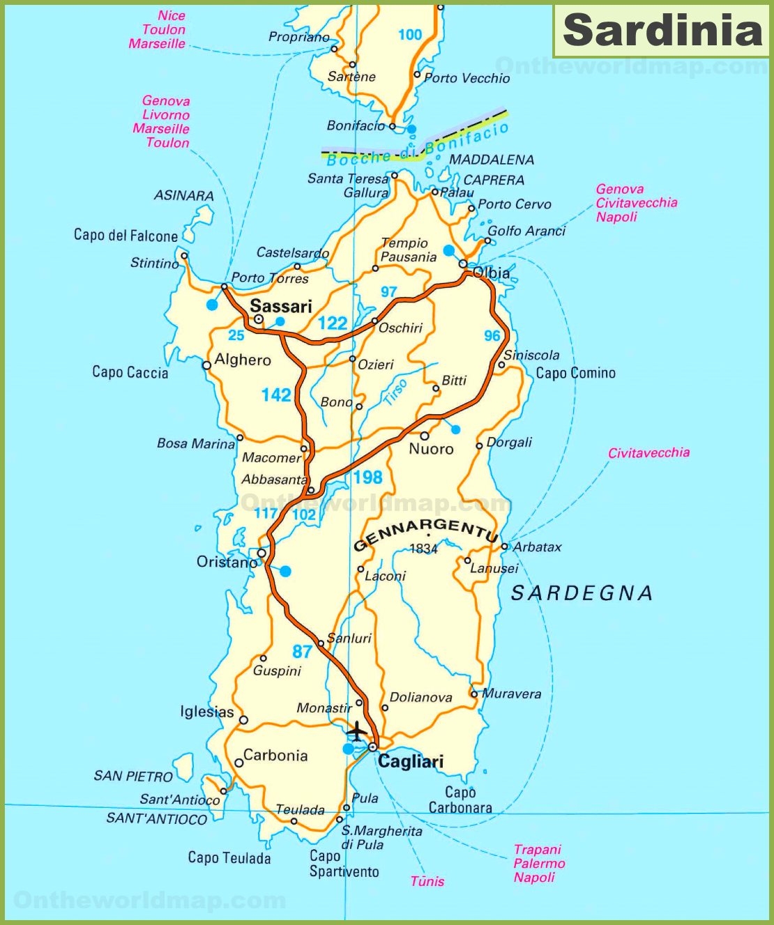 Road Map Of Sardinia Ontheworldmap Road Map Of Sardinia Ontheworldmap