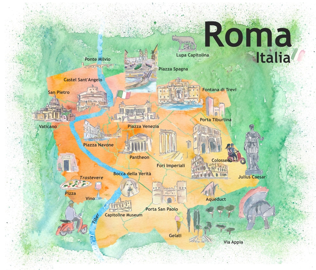 Rome Italy Illustrated Travel Poster Favorite Map Tourist Highlights Etsy