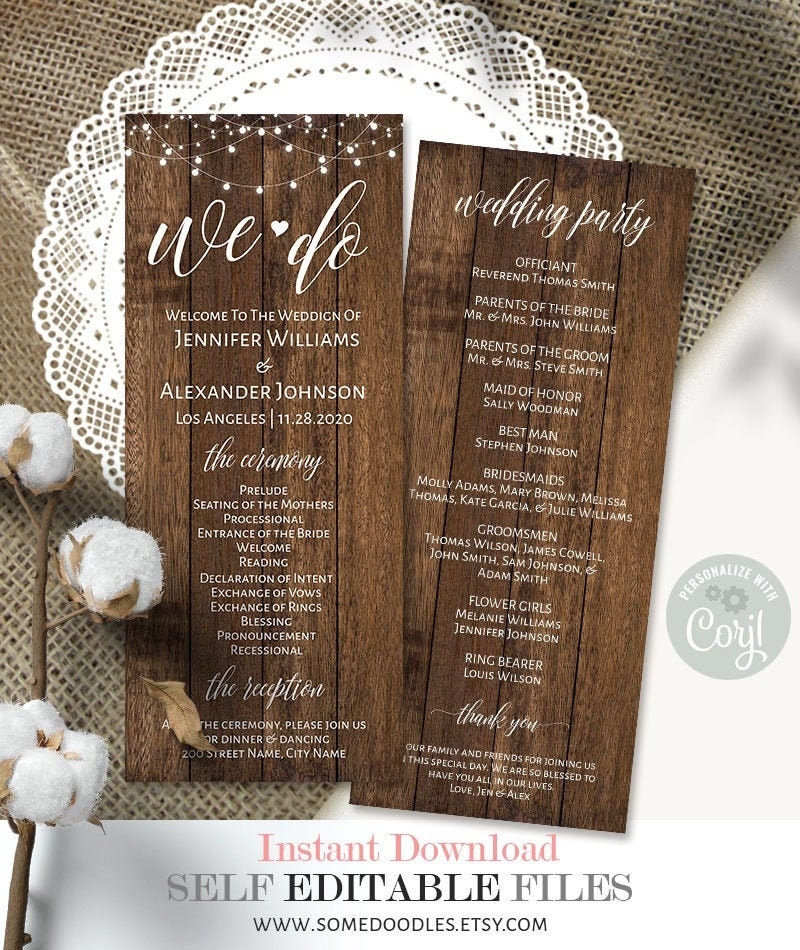 Rustic Wedding Program Printable Editable Template Instant Download Edit With Corjl A317 Etsy