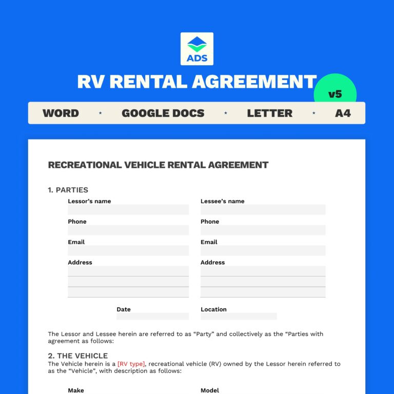 RV Rental Agreement Short Term Rental RV Camper Word 4 Page Template Etsy