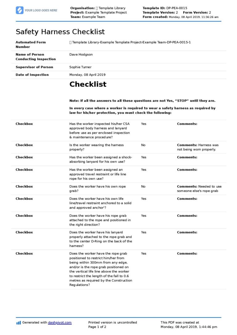 Safety Harness Inspection Checklist Template Free And Editable 