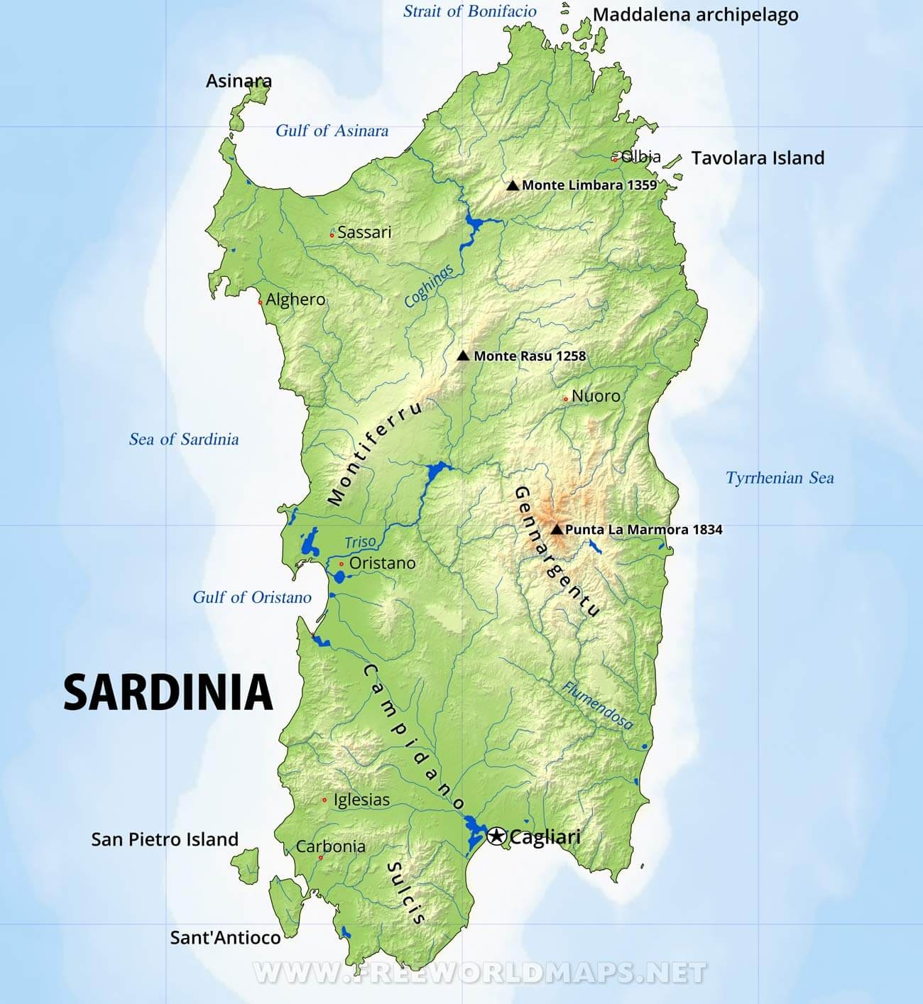 Sardinia Physical Map Sardinia Physical Map