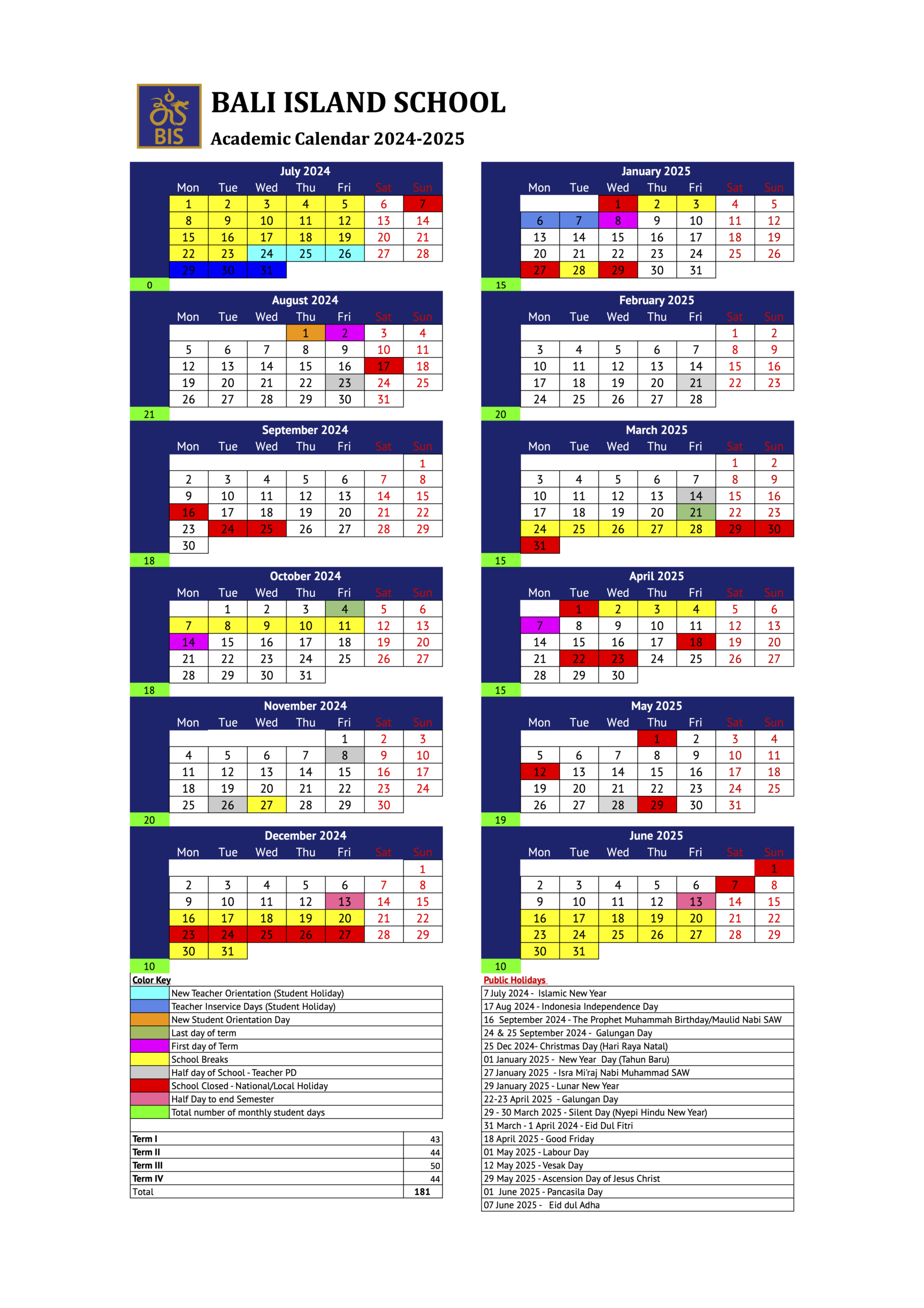 School Calendar 2024 2025 Bali Island School