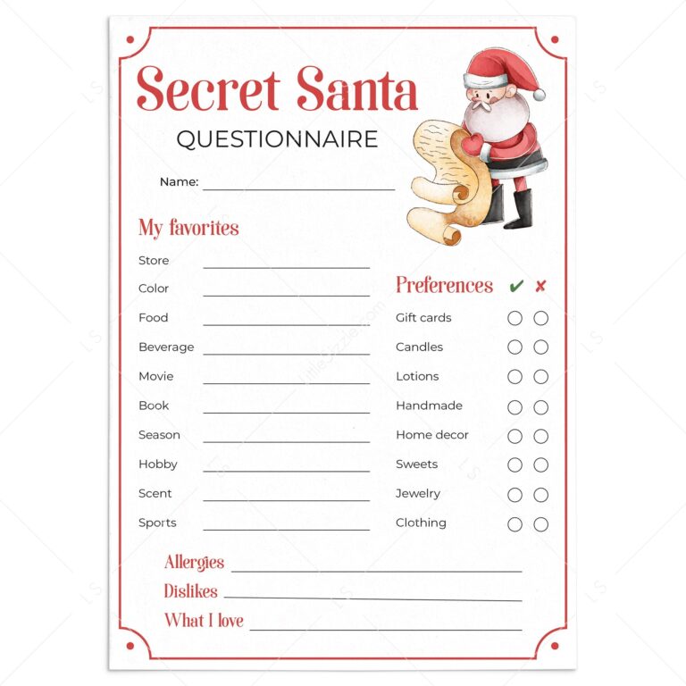 Secret Santa Questionnaire For Gift Exchange Printable Worksheets Library
