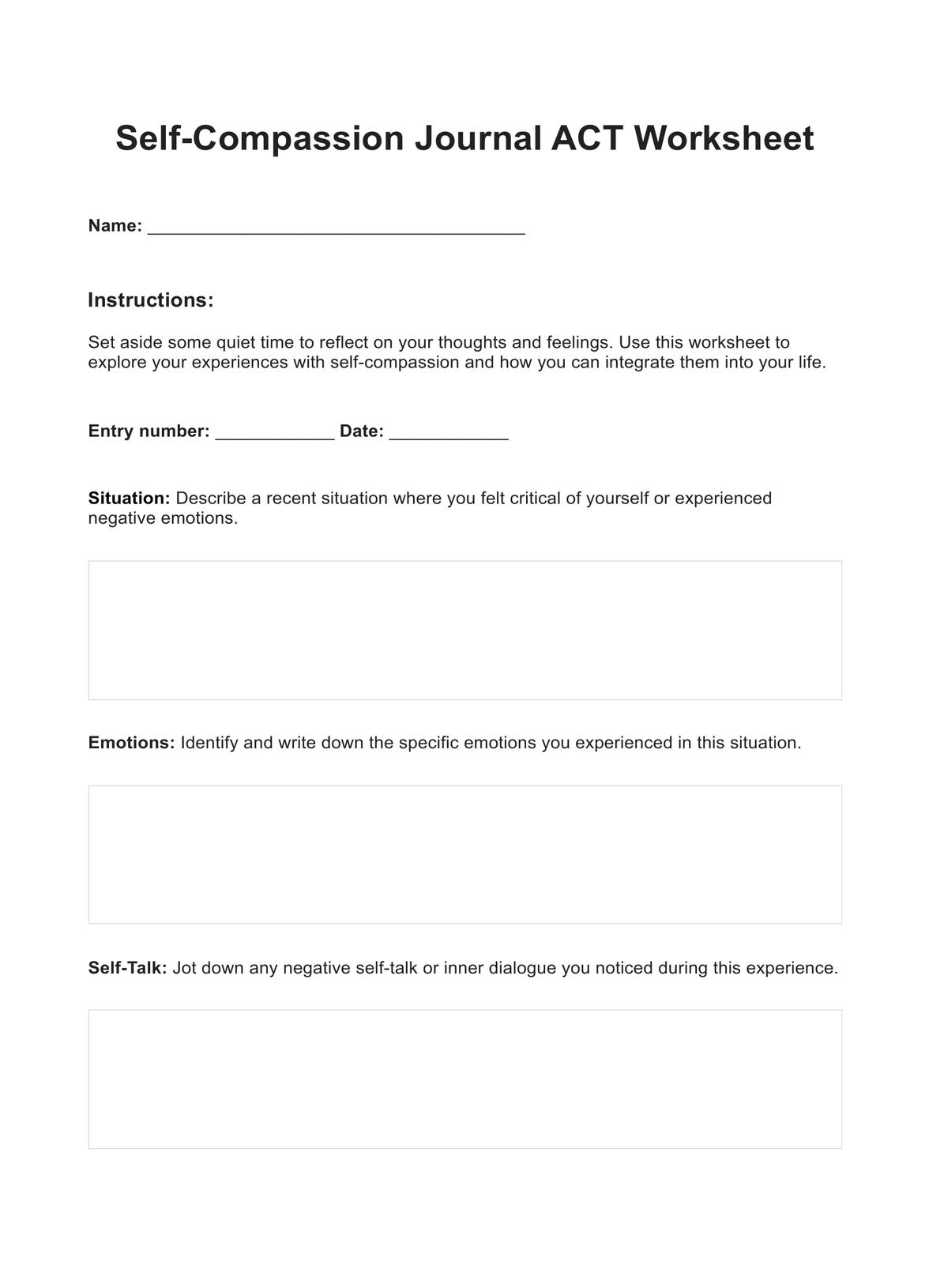 Self compassion Journal ACT Worksheets