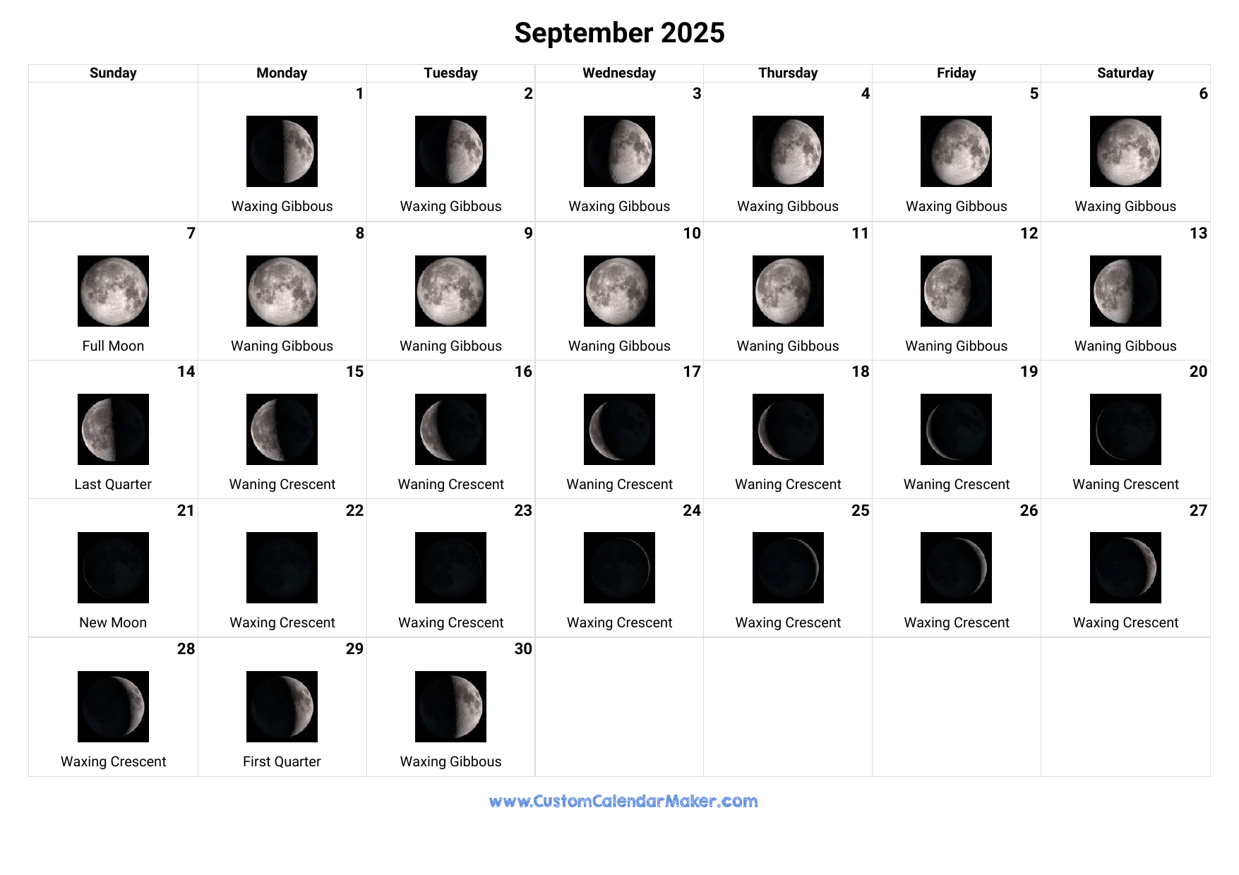 September 2025 Moon Phases Calendar Custom Calendar Maker