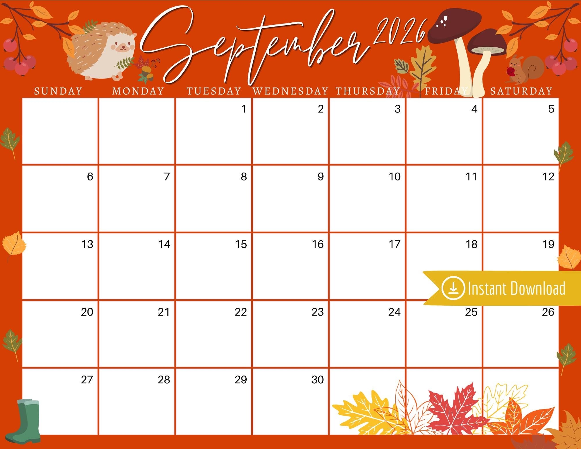 September 2026 Calendar Orange Harvest Leaves Planner digital Download Etsy